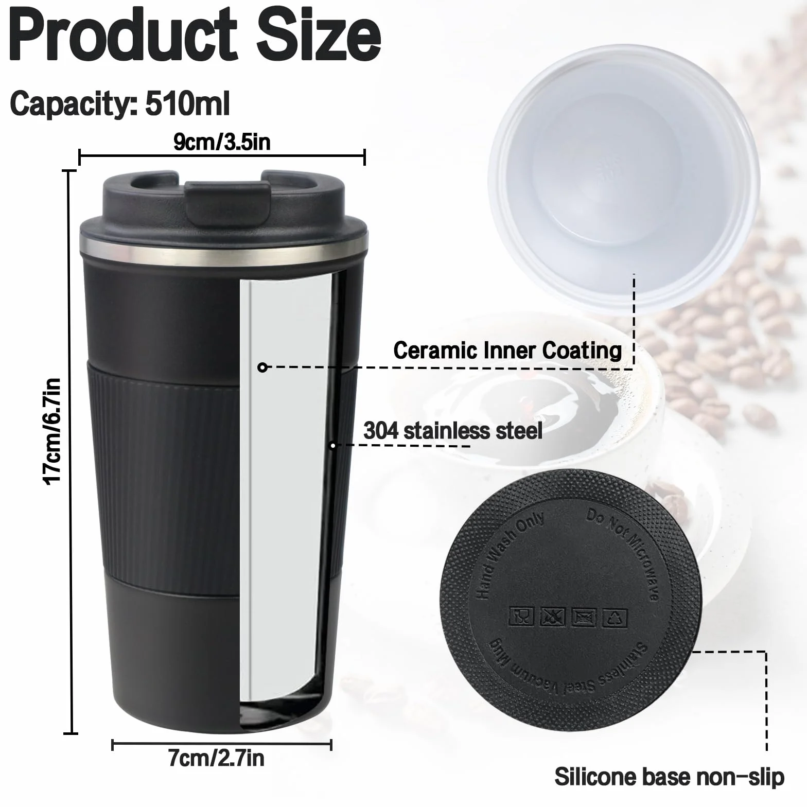 Kubek Kubek 500 ml z ceramiczną powłoką wewnątrz, izolowany kubek podróżny z pokrywką, szczelny kubek podróżny do kawy, pasuje do samochodowego uchwytu na kubek