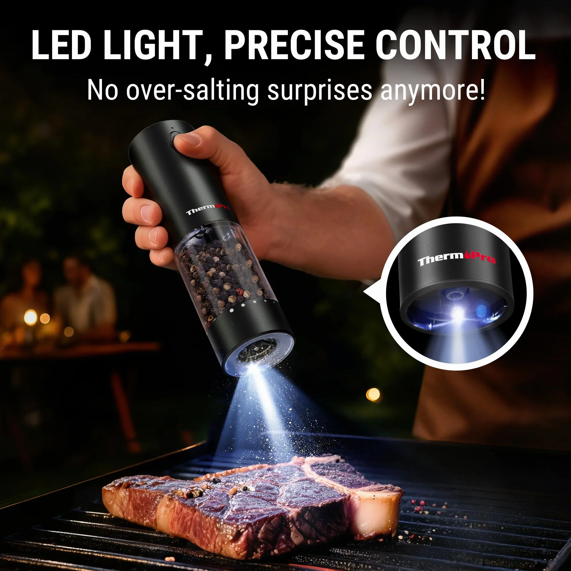 ThermoPro Elektryczny młynek do soli i pieprzu, zestaw 2 szt. do ponownego ładowania, z oświetleniem LED, regulowany ceramiczny mechanizm mielący, młynek do przypraw