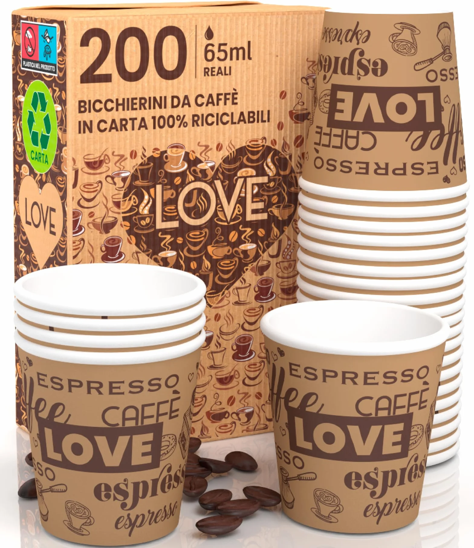 Eurocali 200 papierowych kubków do espresso, 65 ml, biodegradowalne, jednorazowe kubki do kawy, ekologiczne wzornictwo, LoveBrownCUP, mały rozmiar do włoskiego espresso do gorących napojów