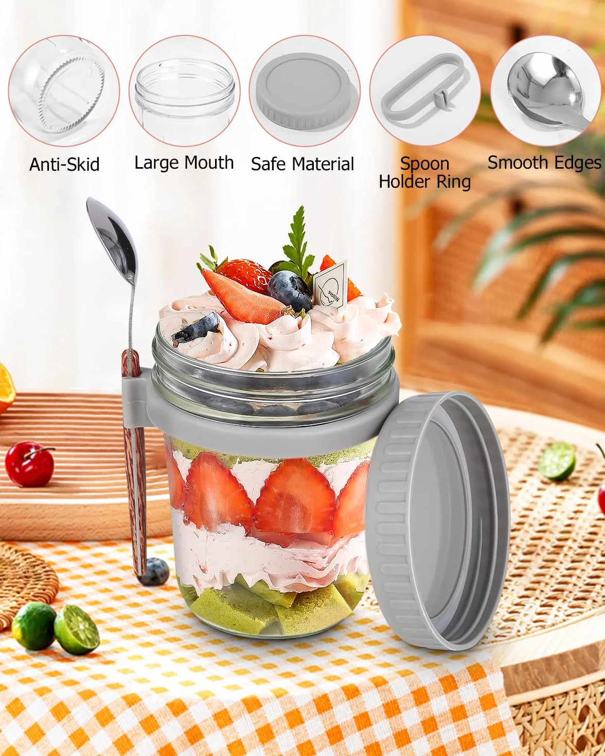 Overnight Oats 2 sztuki pojemników na owsiankę, szklanki do owsa, na nocleg, szklane kubki na musli na wynos dla dzieci z pokrywką i łyżeczką na jogurt, słoiki na przetwory jogurt to go, kubek
