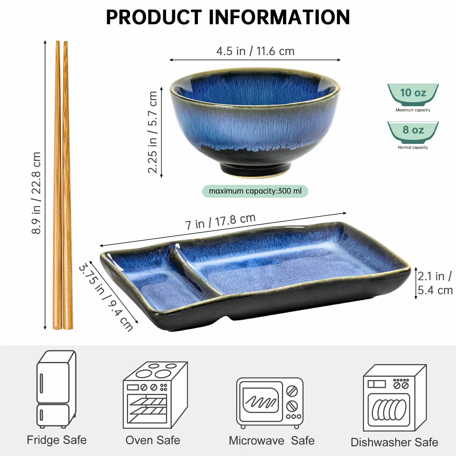 HENXFEN LEAD Zestaw zastawy stołowej do sushi, japońska zastawa stołowa do zupy miso Maki Sushi ryżu z 2 talerzami do sushi, miskami, parą pałeczek, granatowy