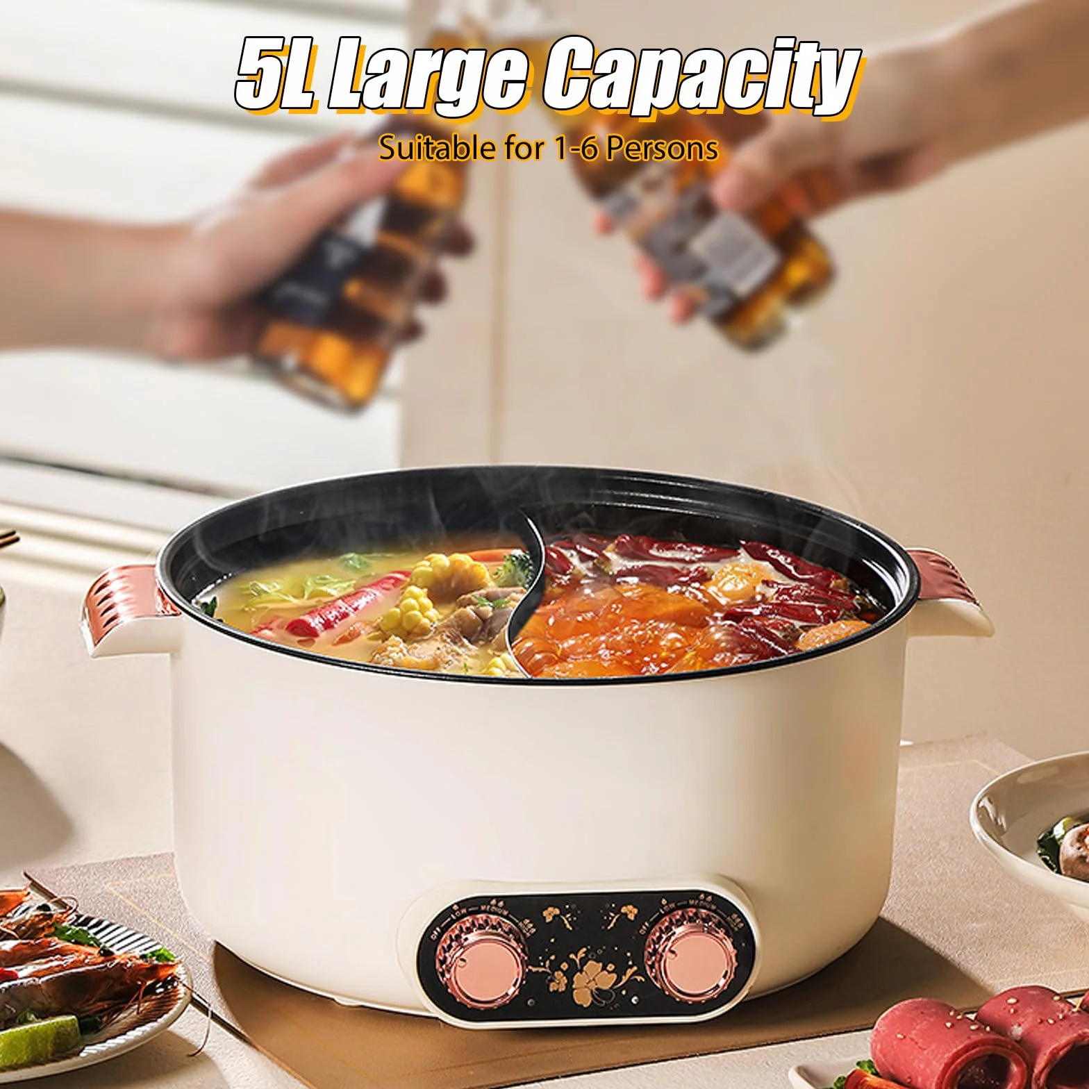 Elektryczny hot pot 5L 1350W 2-stronny z dwoma regulatorami Trzy ustawienia mocy Patelnia nieprzywierająca Wielofunkcyjny szybkowy rondel