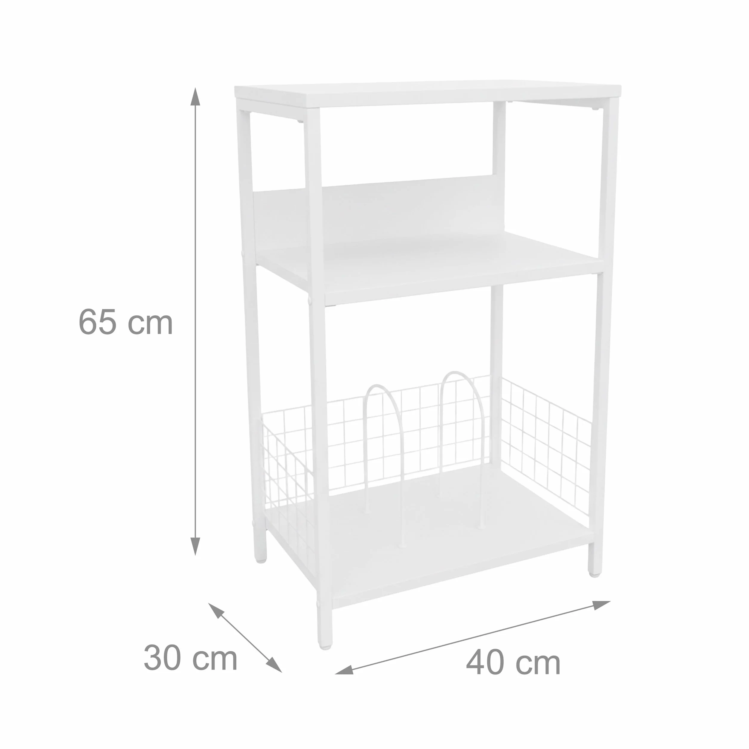 Relaxdays Stojak na płyty 3 poziomy z przegrodami żelazo/MDF 65x40x30 cm biały