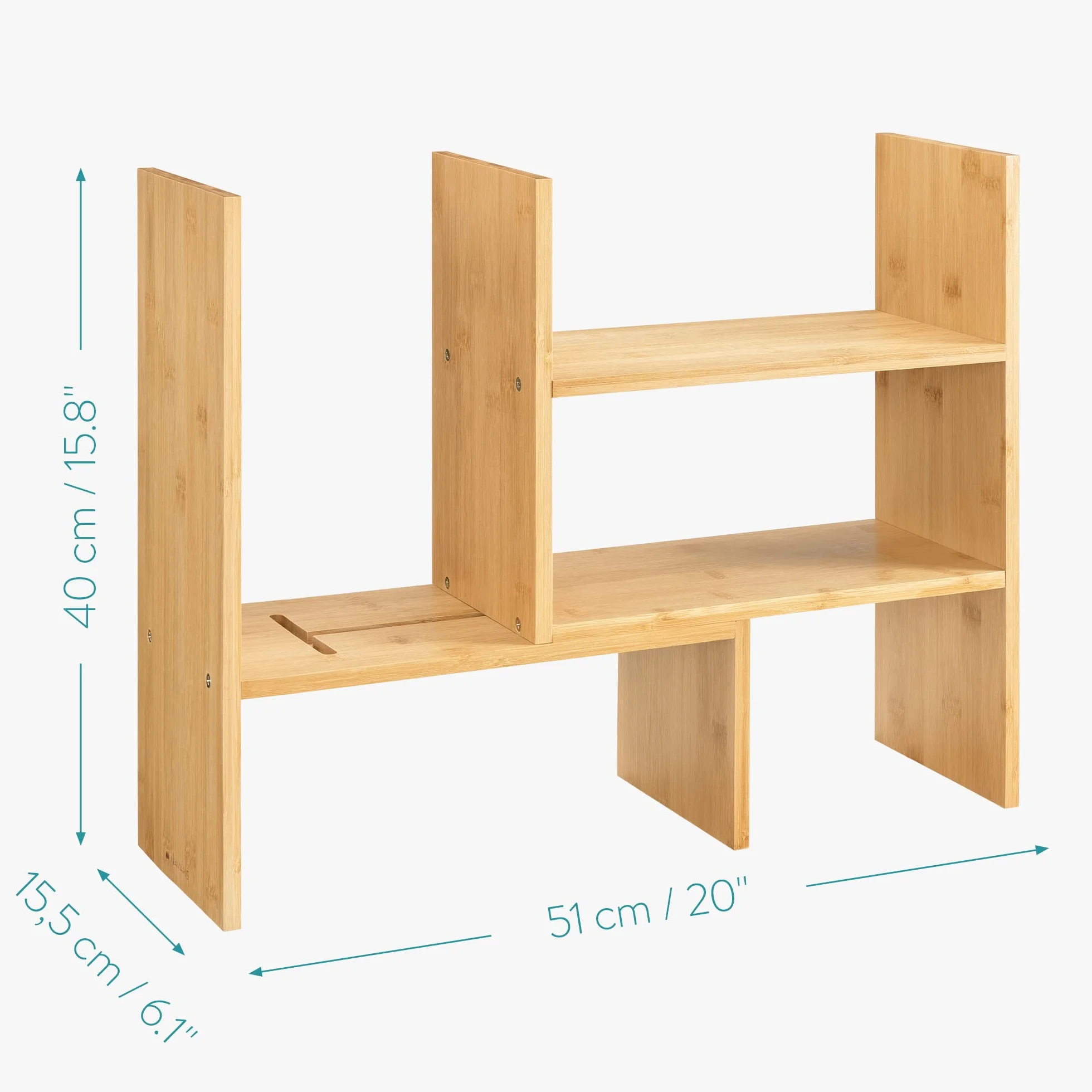 Navaris Bambusowy organizer na biurko, 51 x 15,5 x 40 cm, regulowany system porządkowania – regał narożny do kuchni, biura, łazienki, nadstawka regału