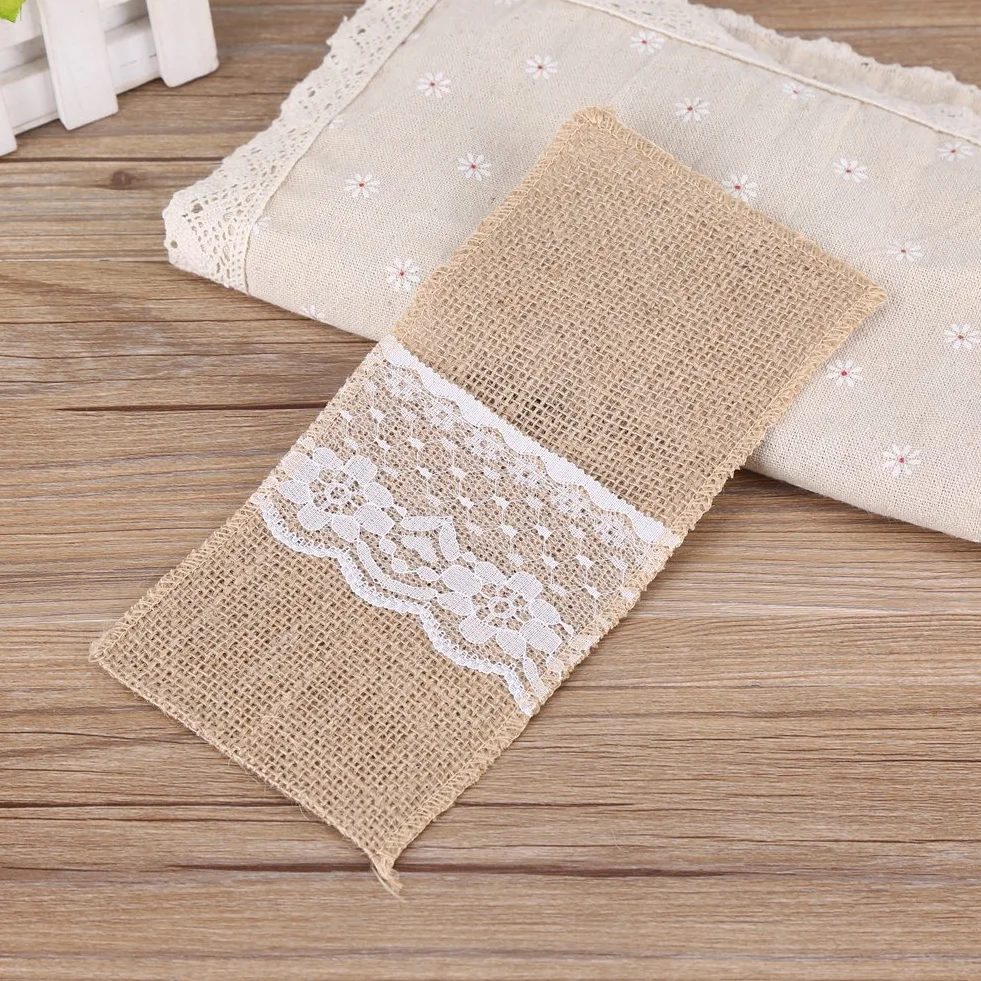 Uchwyty na Sztućce z Juty z Koronką, 10 Sztuk, 21x11 cm, Naturalne, Dekoracje Weselne i na Przyjęcia