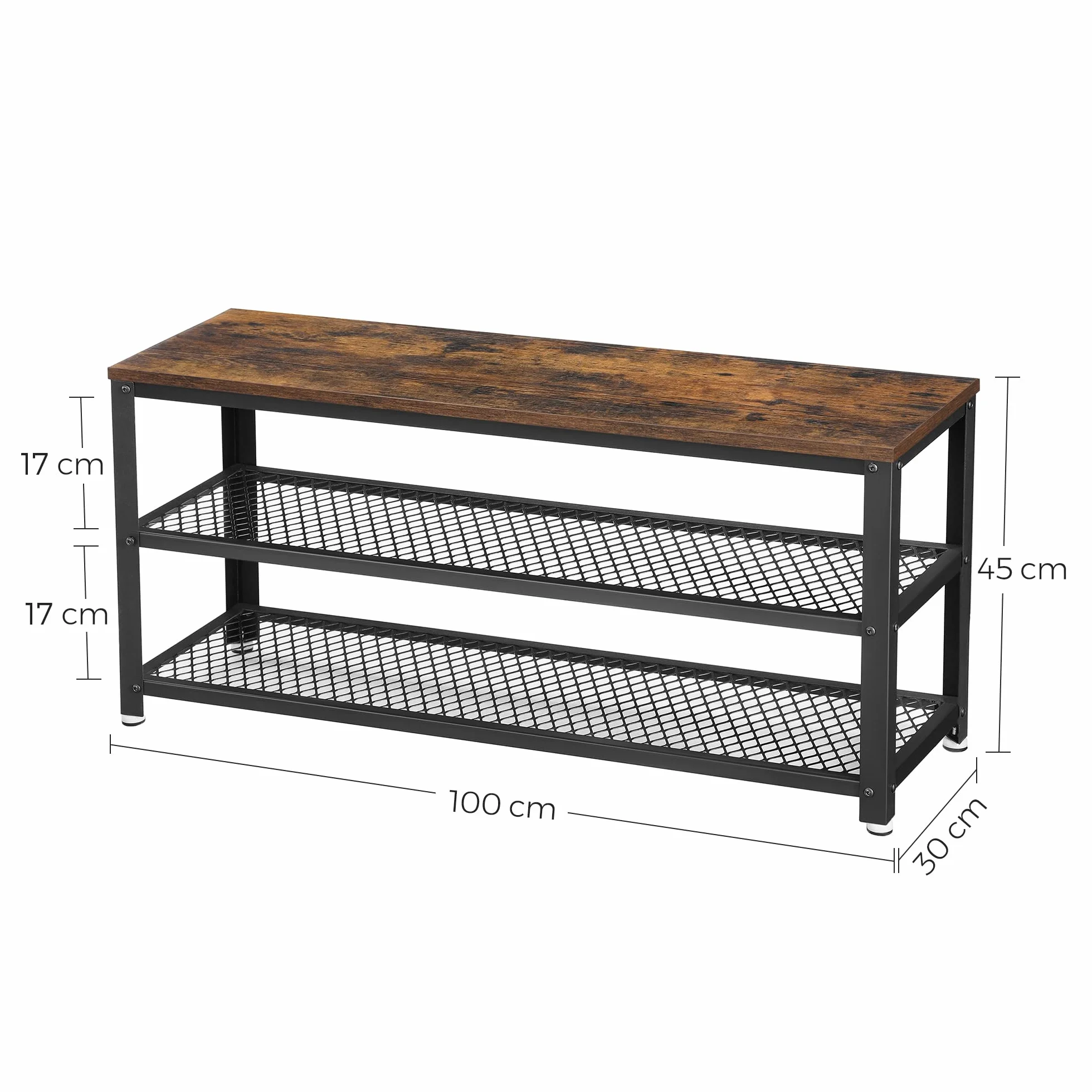 VASAGLE Ławka na buty z 2 półkami 100 x 30 x 45 cm stalowa industrialna brązowo-czarny LBS078B01