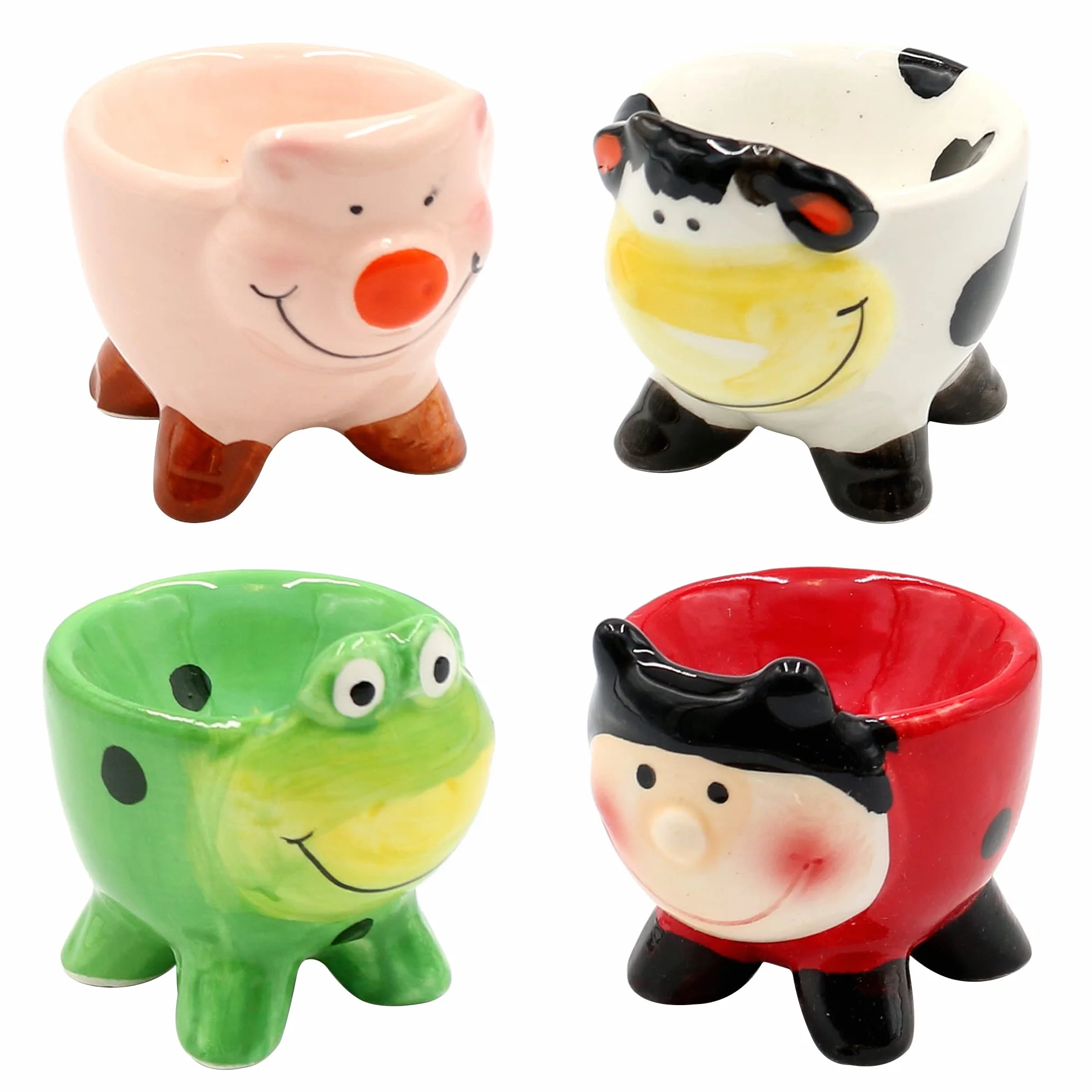 Dekohelden24 - Ceramiczny kieliszek do jaj/uchwyt na jajka/skorupka jaja jako zwierzęta (żaba, biedronka, krowa i świnia), zestaw 4 sztuk, wymiary każdego kubka ok. 6 x 5 x 6 cm.