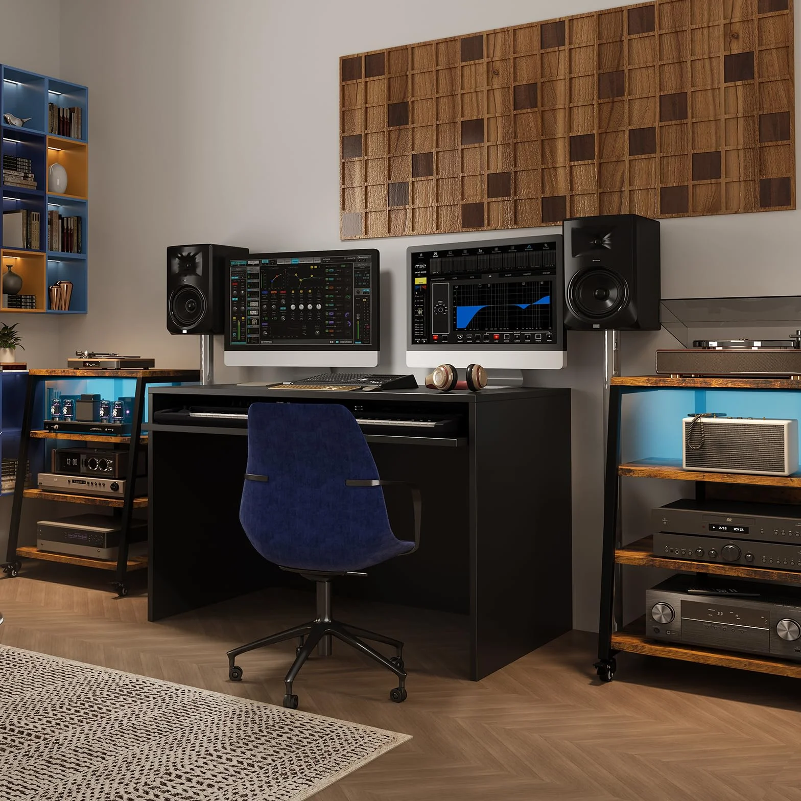 HIFI Stojak na gramofon, 4-poziomowe drewniane półki z listwami zasilającymi, światła LED, kółka, regulacja wysokości, stojak na nośniki AV, stojak na audio, do gramofonu, drukarki, Sky Box/telewizora