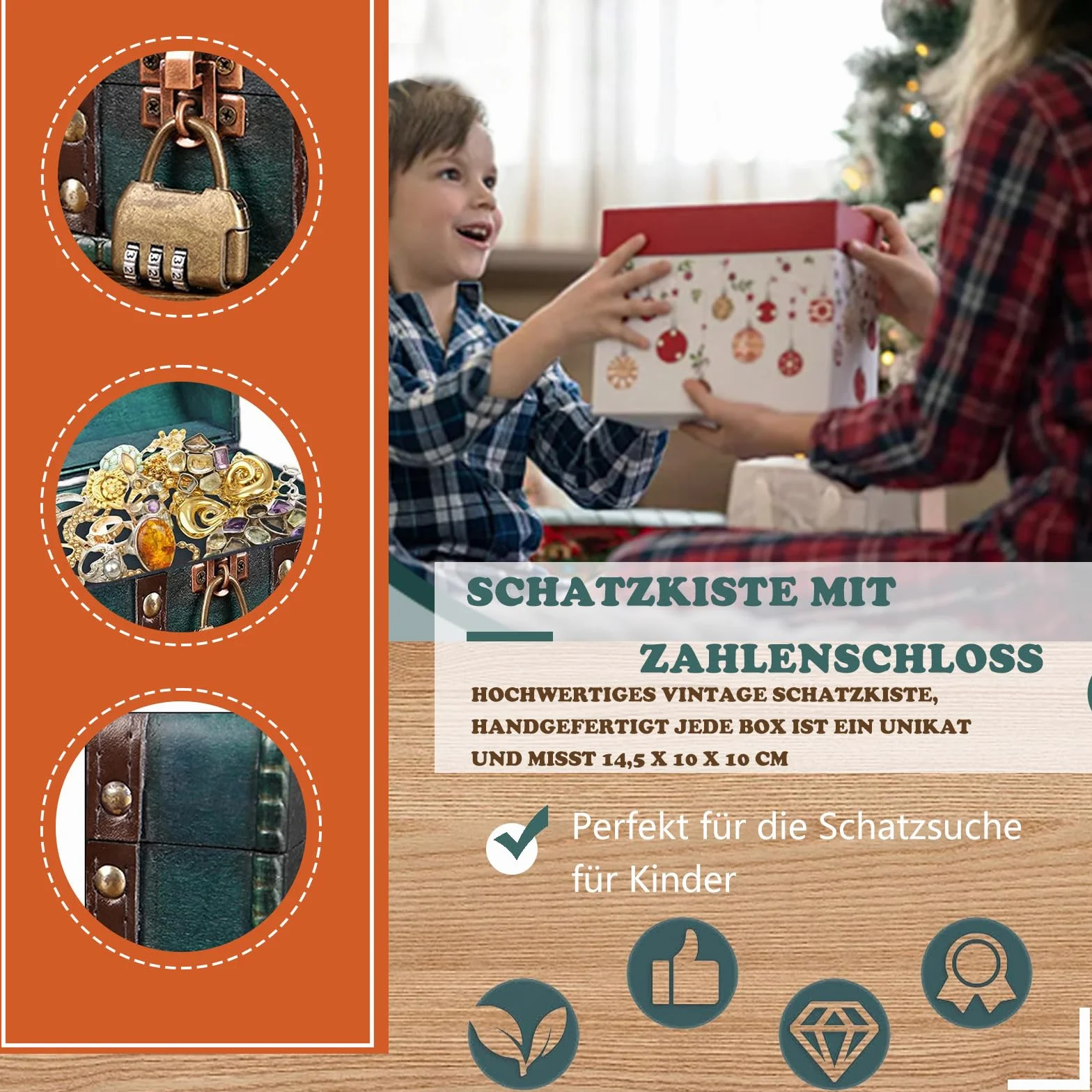 Drewniana skrzynia na skarby vintage z zamkiem szyfrowym, brązowa