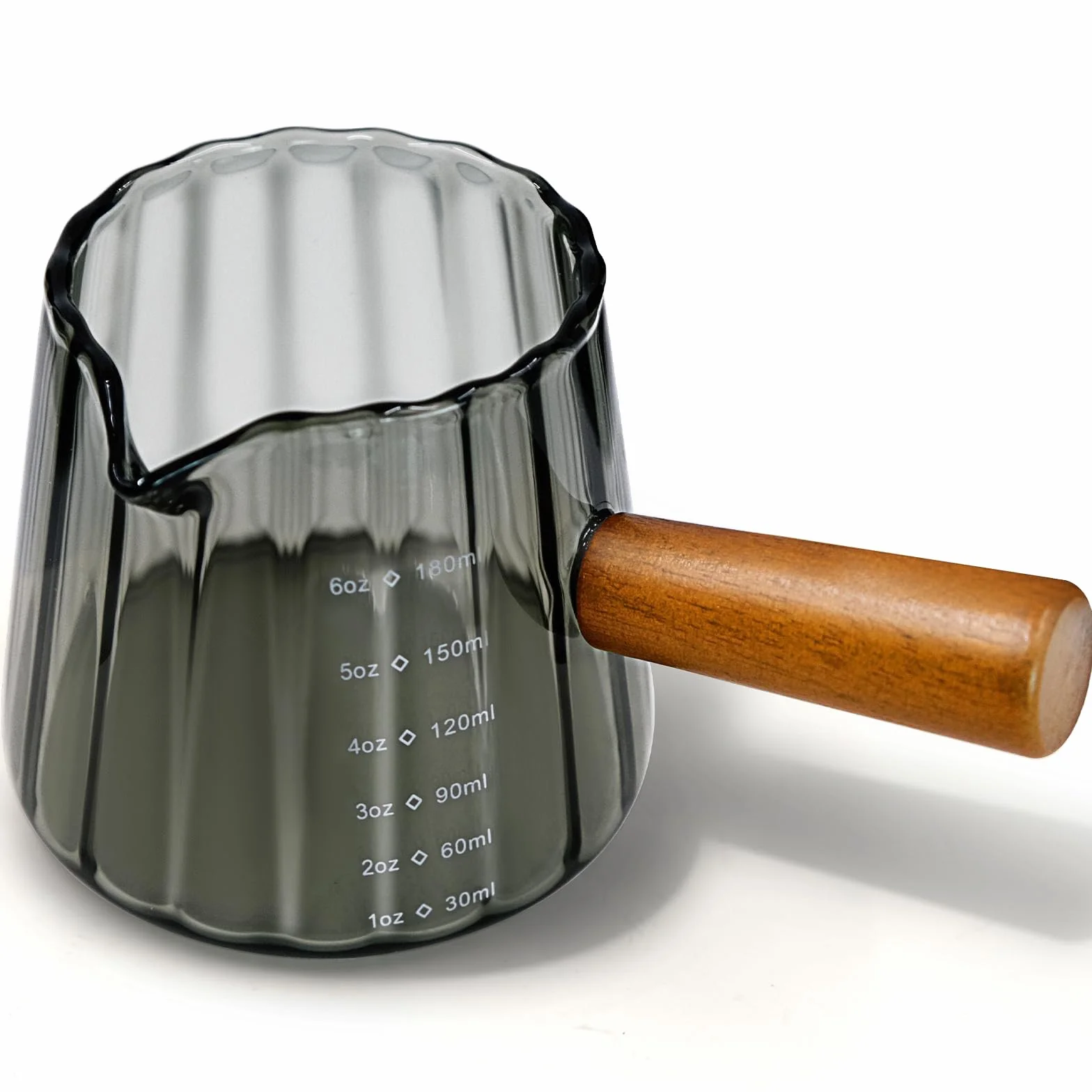 Kubek z miarką do espresso z drewnianym uchwytem, 180 ml / 170 ml szklany kubek pomiarowy z podwójną skalą i otworem w kształcie litery V do ekspresu do kawy