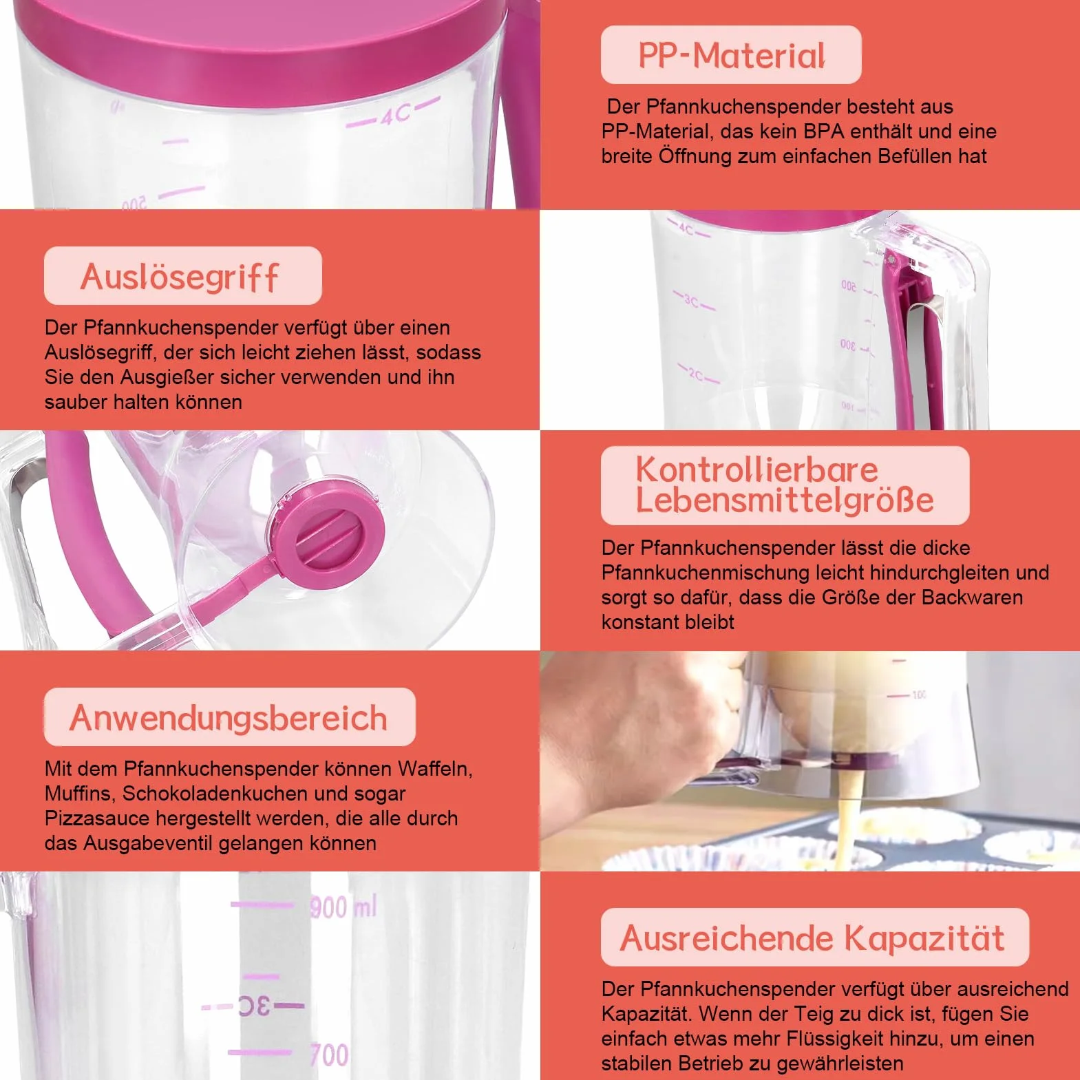 Cocoarm 900 ml dozownik ciasta z szerokim otworem i skalą pomiarową