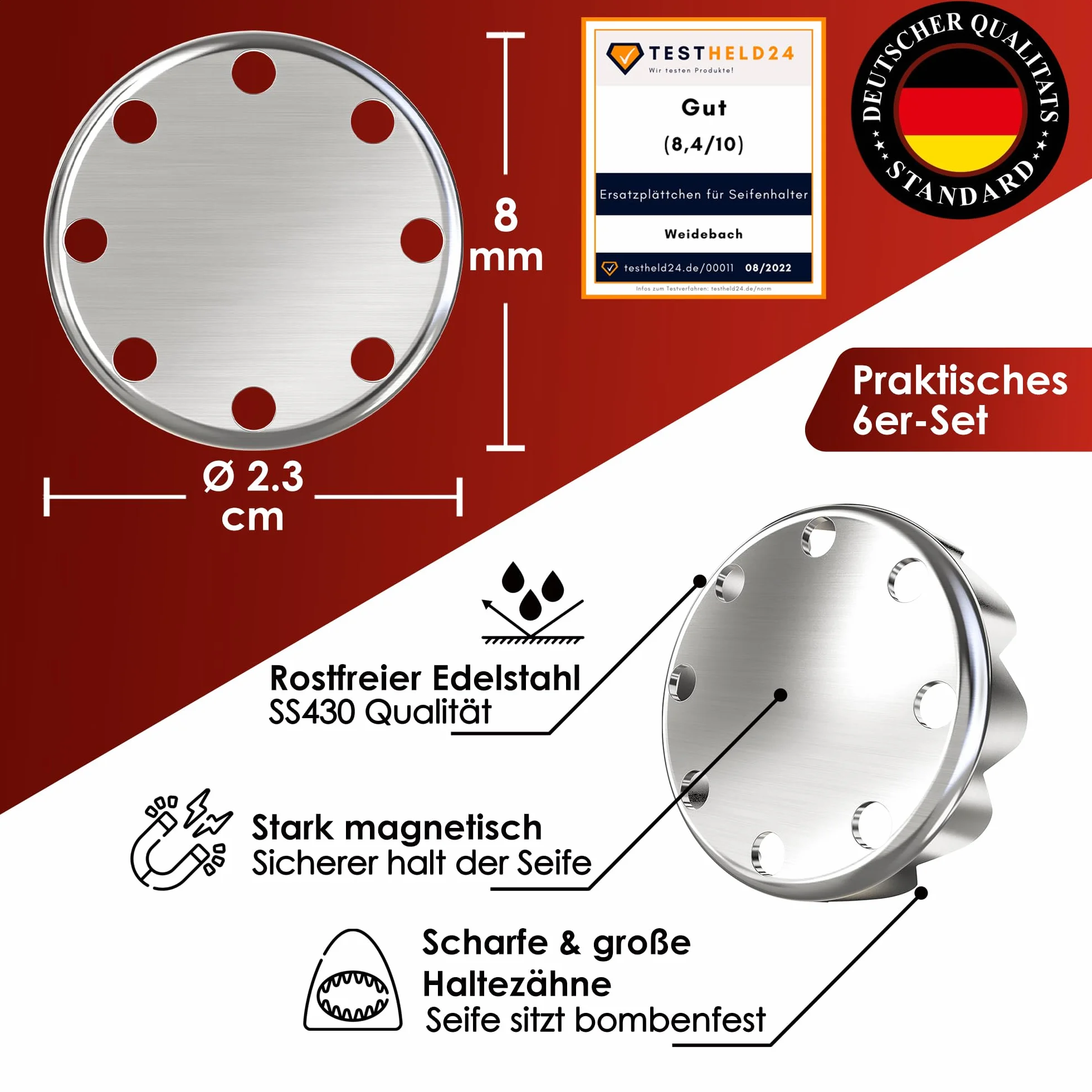Płyta zamienna do magnetycznego mydła WEIDEBACH®, zestaw 6 płyt magnetycznych, stal nierdzewna SS430, uniwersalny magnes mydlany, stały magnes do mydła magnetycznego