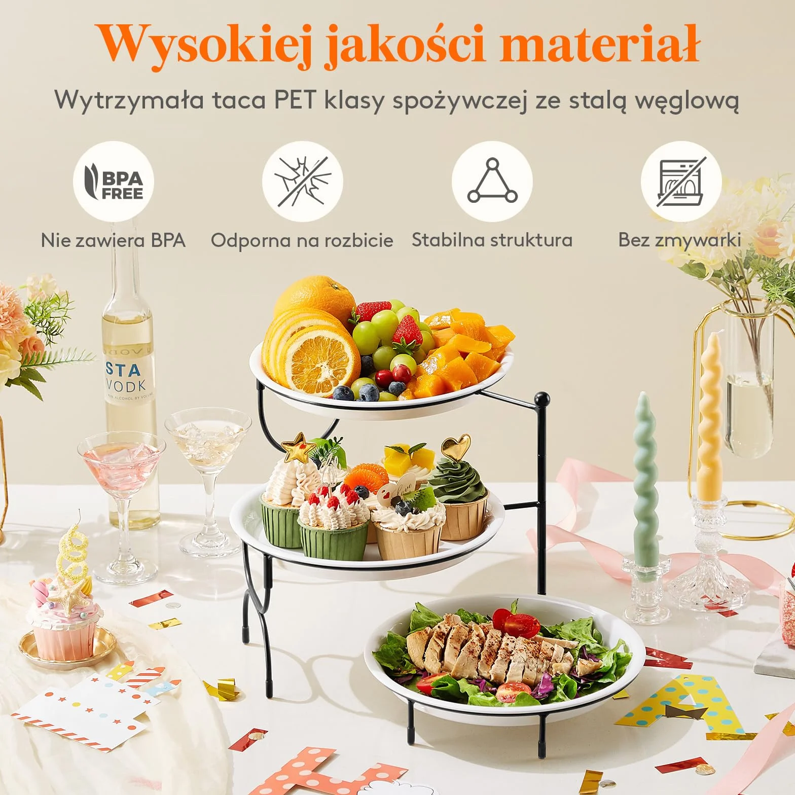 Lifewit 3-Poziomowa Taca Okrągła Wielokrotnego Użytku ze Stojakiem na Przekąski Czarna