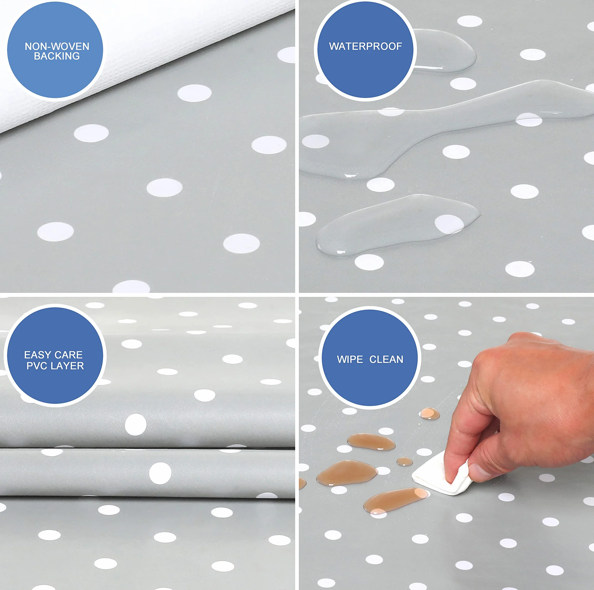 Home Direct Cerata, Obrus przeciw plamom, Obrus jadalny i stół kuchenny PVC odporny na plamy wodoodporny, małe kropki prostokątny 140 x 180 cm jasnoszary
