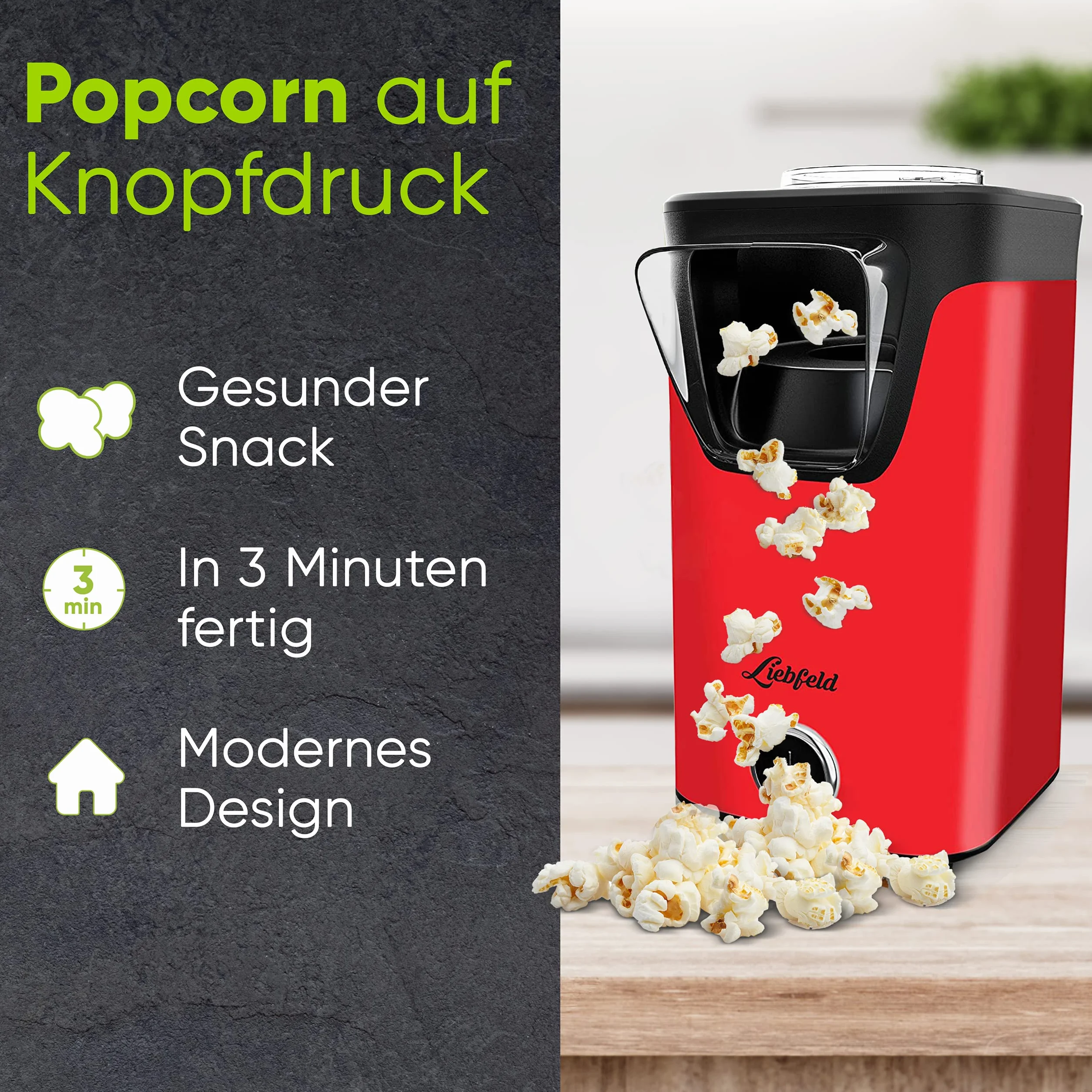 Liebfeld Maszyna do popcornu – urządzenie do robienia popcornu na gorące powietrze, bez tłuszczu i oleju, gadżet kuchenny w stylu retro do popcornu z cukrem, solą – Cooler Snack Automat (czerwony)
