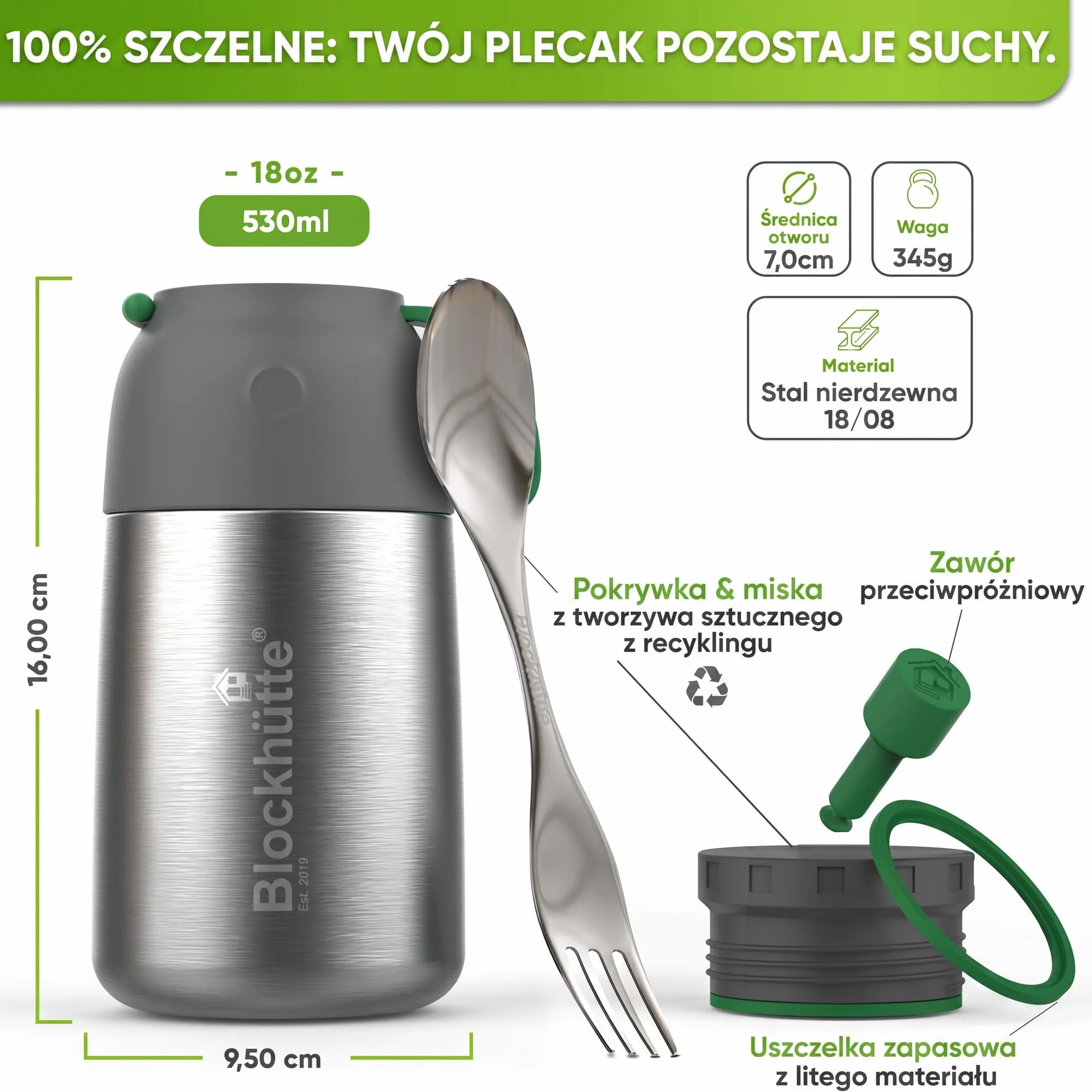 Blockhütte Kubek termiczny na żywność, 530 ml, ze stali nierdzewnej, dla dzieci, bez BPA, szczelny, z zaworem antypróżniowym, nadaje się do mycia w zmywarce