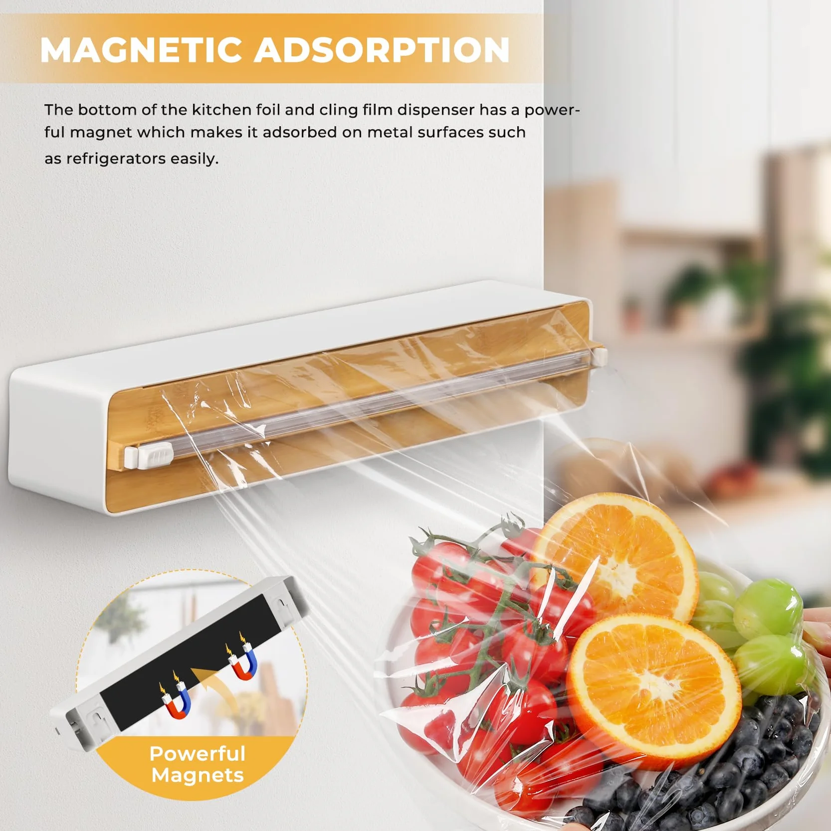 Magnetyczny dozownik folii spożywczej z ostrzem – ulepszony dozownik folii, praktyczny nóż do folii plastikowej i folii aluminiowej – dozownik folii spożywczej do szuflad kuchennych, bambus