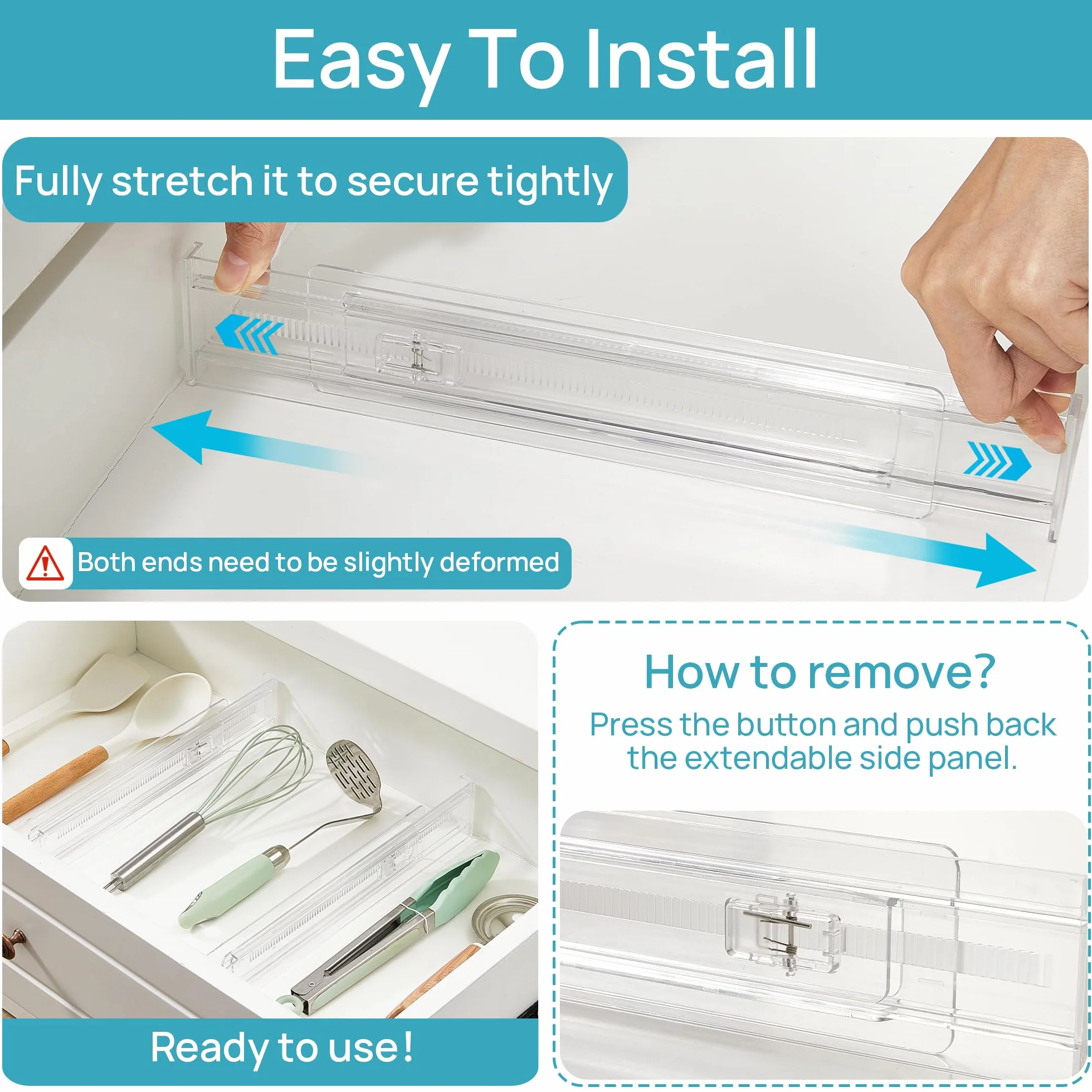 Vtopmart 8 sztuk regulowany rozszerzalny organizer kuchenny do szuflad, przezroczyste plastikowe przegródki, 32-53 cm