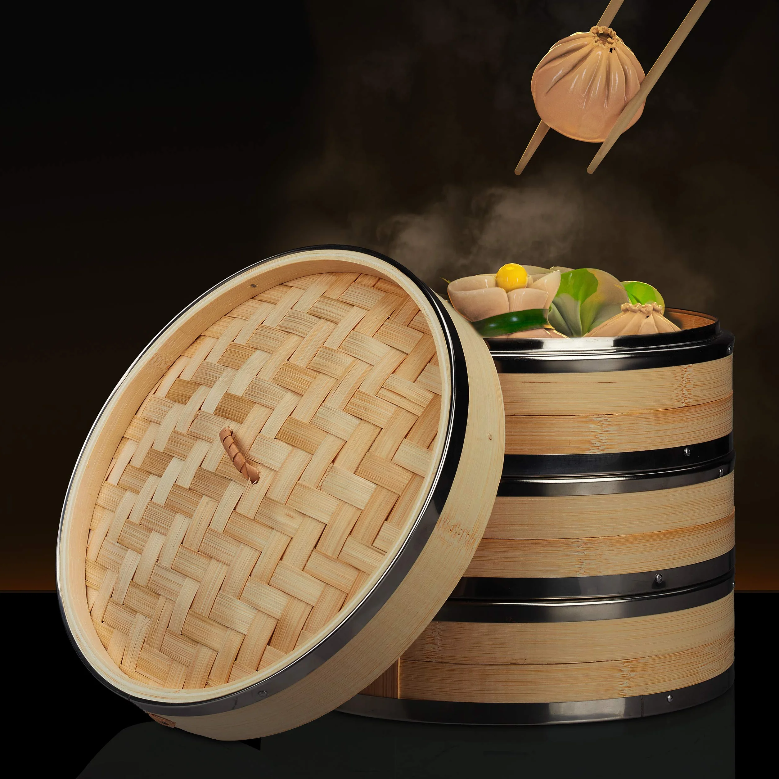 Relaxdays bambusowy parowar 3 poziomy Ø 24 cm azjatycki kosz parowy na ryż dim sum warzywa