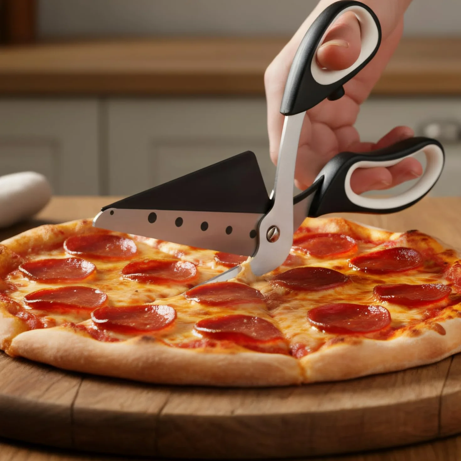 COM-FOUR® Nozyczki do pizzy z powierzchnia do serwowania, nozem do pizzy z ostrzami ze stali nierdzewnej i zintegrowana lopata do pizzy (1x nozyczki do pizzy 27 cm)