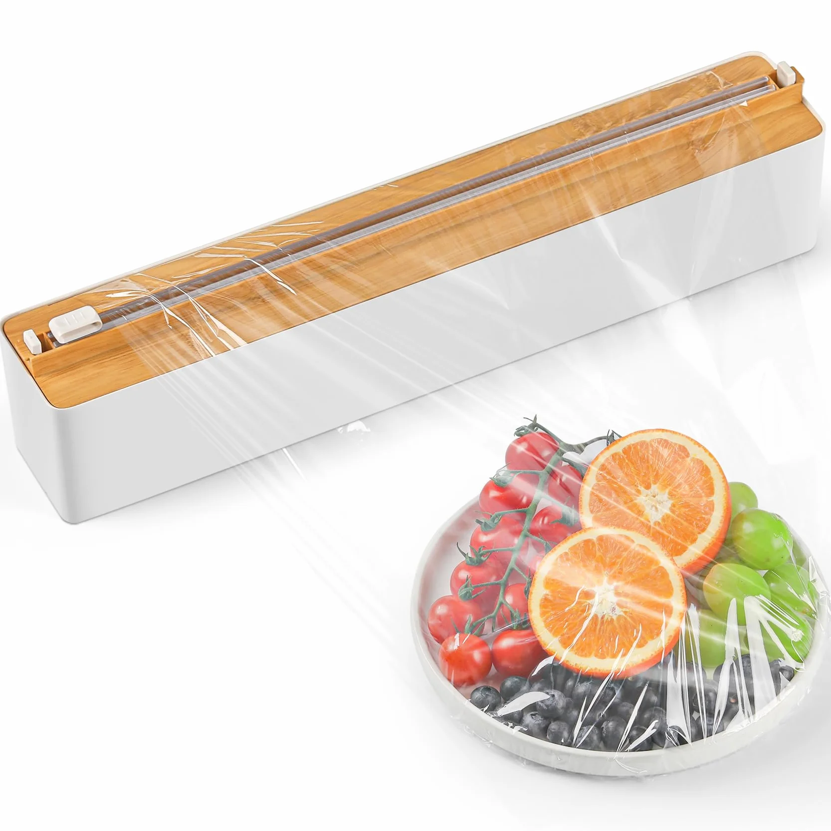 Magnetyczny dozownik folii spożywczej z ostrzem – ulepszony dozownik folii, praktyczny nóż do folii plastikowej i folii aluminiowej – dozownik folii spożywczej do szuflad kuchennych, bambus