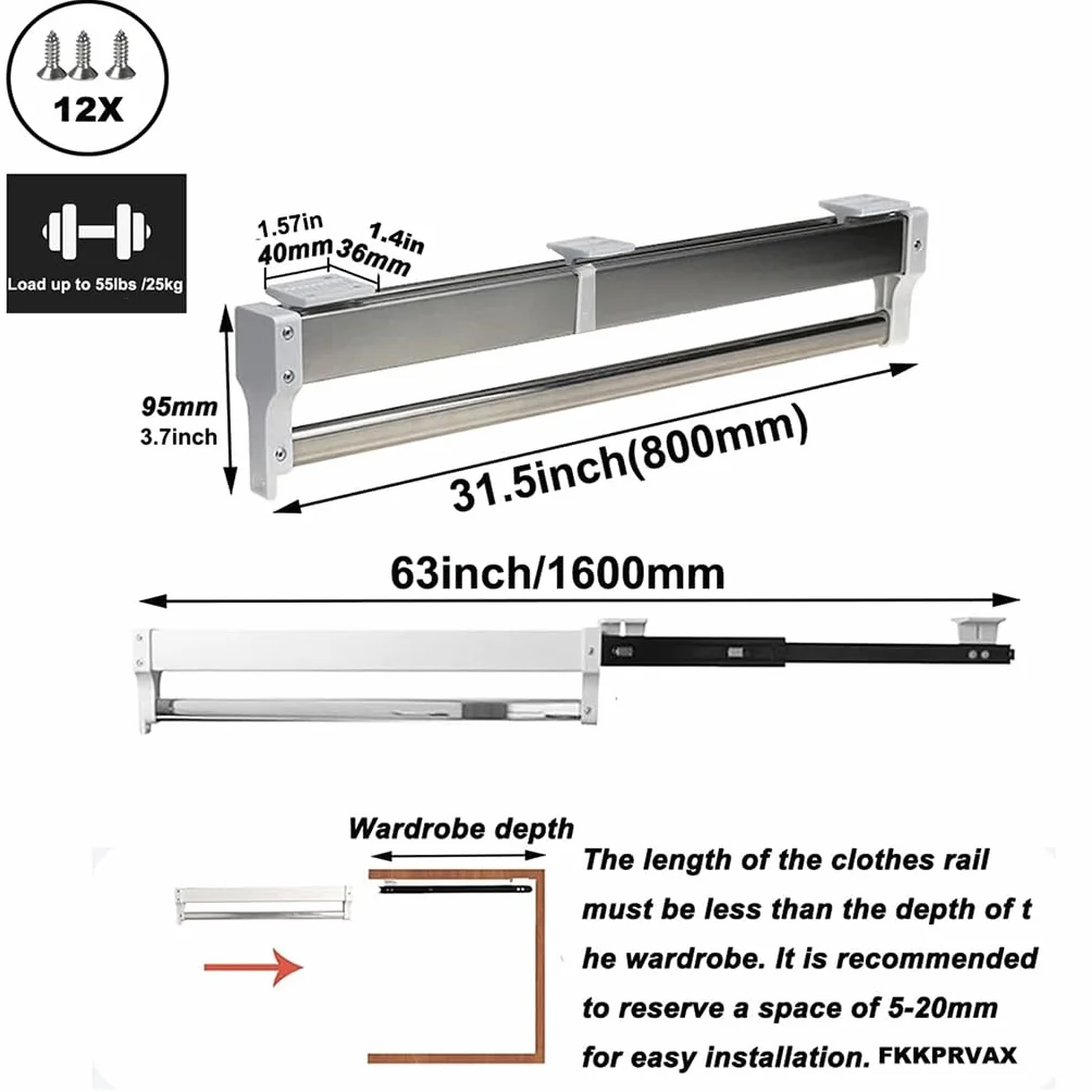 Wysuwany drążek na ubrania z 2 przesuwnymi prowadnicami, wysuwany drążek do szafy, regulacja 30–80 cm, wieszak na ubrania, nośność 25 kg, rozmiar: 800 mm