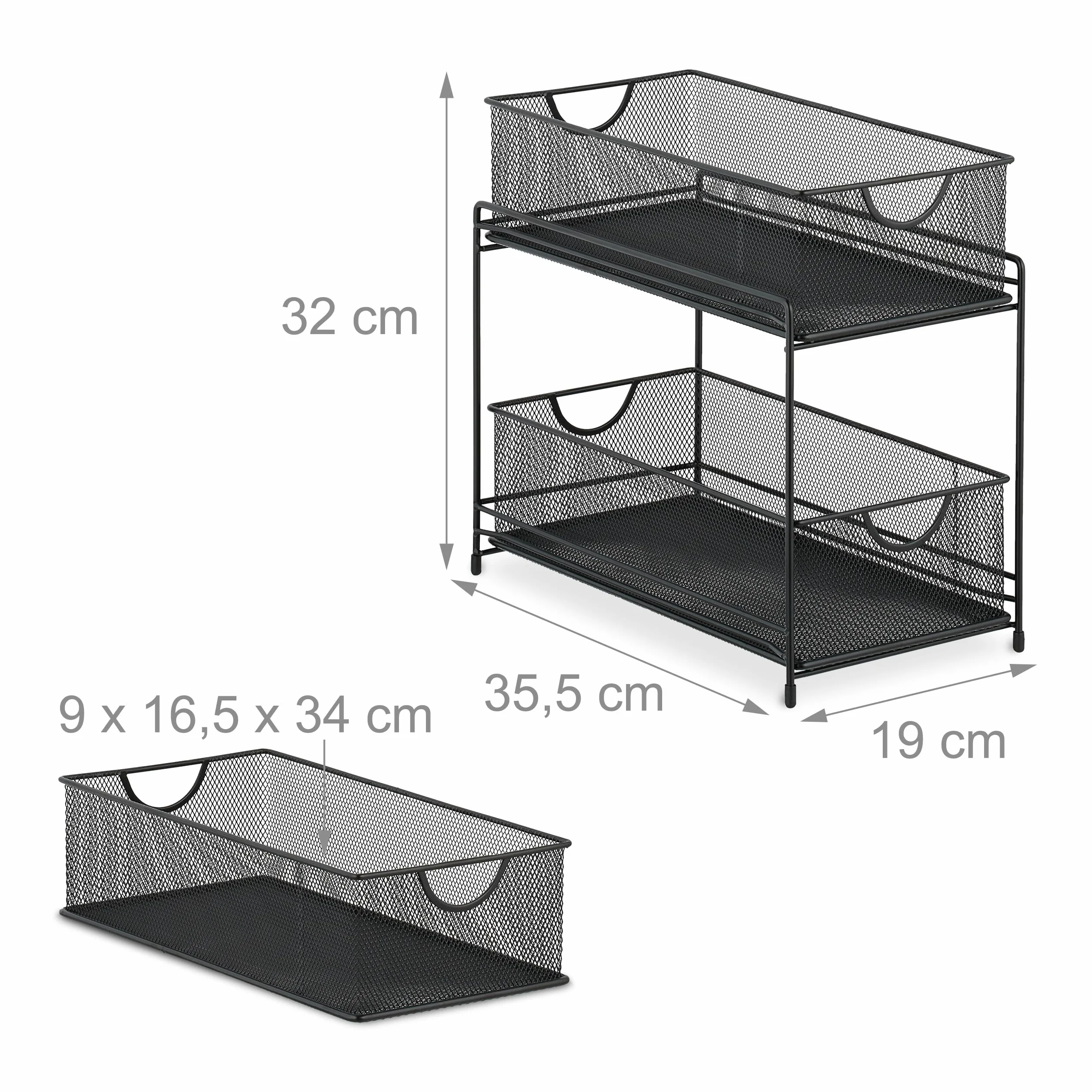 Relaxdays Organizer kuchenny, 2 wysuwane kosze, regał piętrowy z metalu, wys. x szer. x gł.: 32 x 19 x 35,5 cm, organizer łazienkowy, czarny