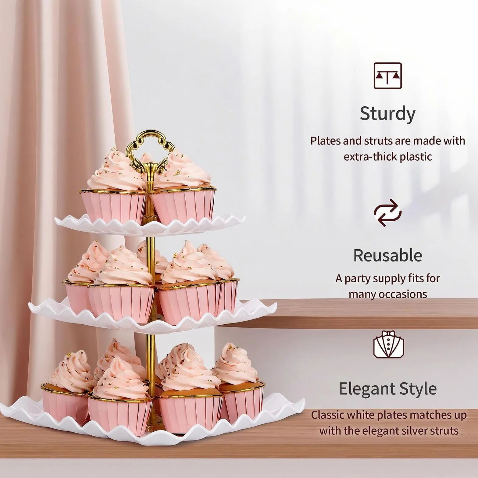 Stojak na ciasto popołudniowa herbata biały plastikowy kwadratowy stojak na ciasto 3-poziomowy stojak na babeczki owocowe deser taca do serwowania stojaków na baby shower, ślub, urodziny, przyjęcie z