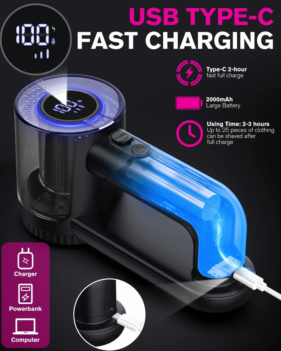 Elektryczna Golarka do Kłaczków,[ładowanie przez USB]Homtronics Golarka do Tkanin z Ubrań i Mebli, Wyświetlacz LED, golarka do kłaczków z 6-ostrzową głowicą do ubrań, sof, dywanów