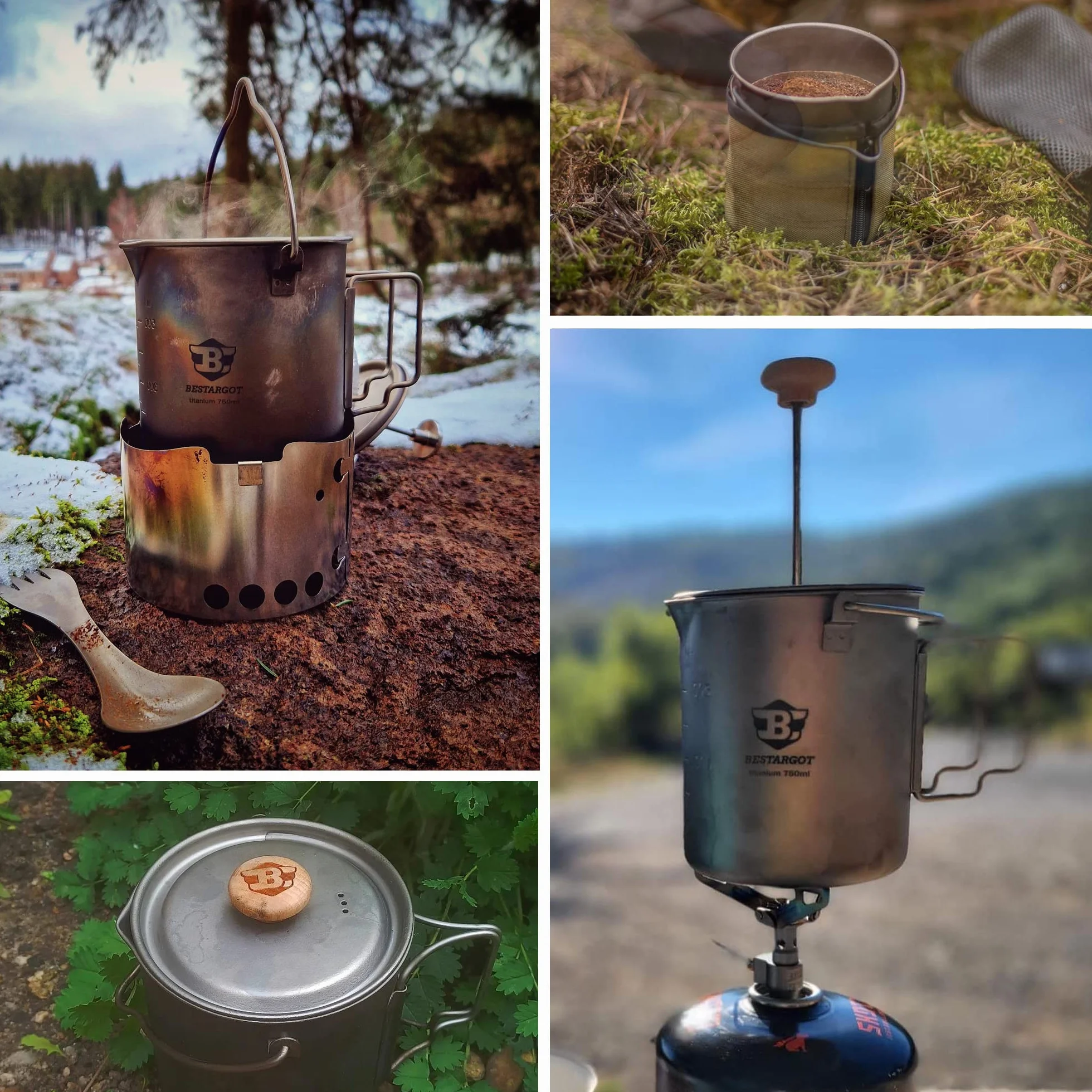 Bestargot Kemping French Press Ekspres do kawy z tłokiem 750 ml, tytanowy ekspres do kawy kempingowej do kawy lub herbaty, ultralekki kubek popote Bivouac, lekki i przenośny 188g