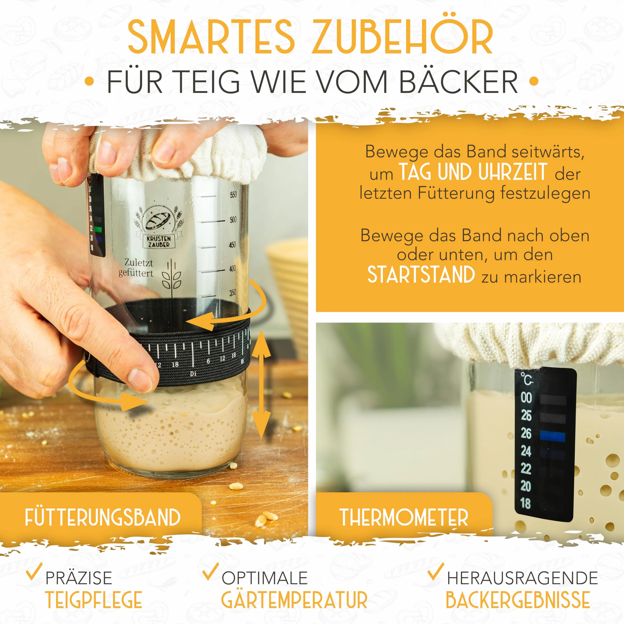 KRUSTENZAUBER Zestaw do zakwasu na chleb 600 ml słoik fermentacji z łopatką i termometrem Akcesoria do pieczenia chleba