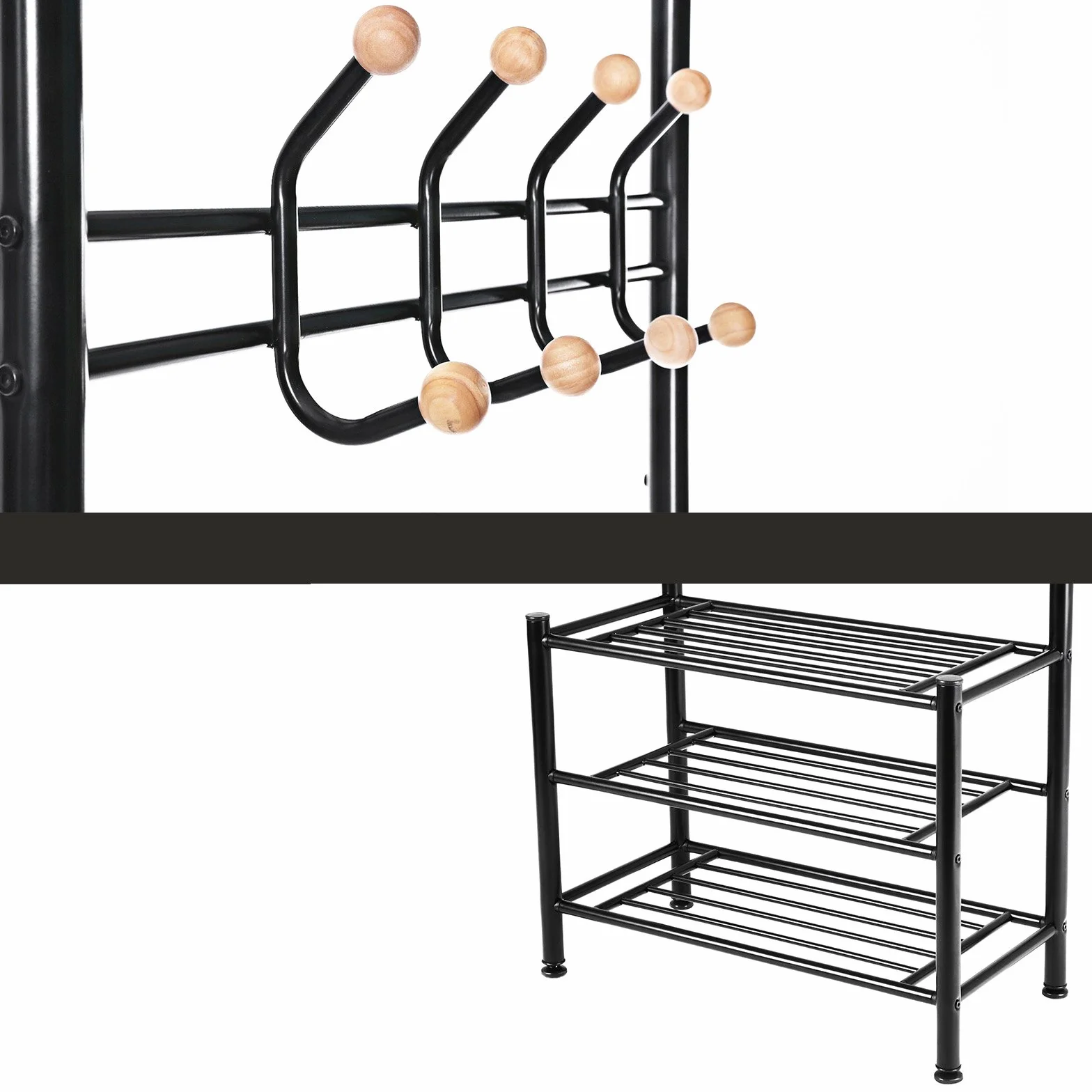 SONGMICS HSR04B wieszak na ubrania z 3 półkami na buty z 18 hakami, metalowy, czarny, 68,8 x 35,2 x 187 cm