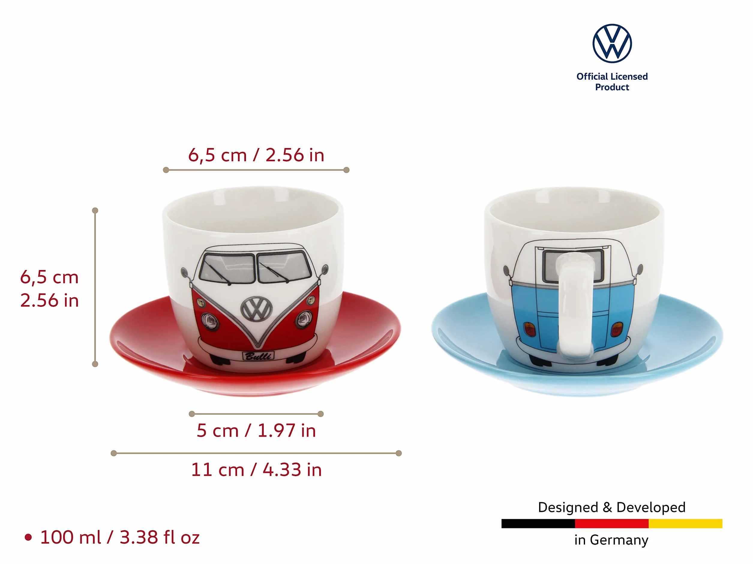 BRISA VW Collection – Volkswagen 2-częściowy zestaw ceramicznych filiżanek do espresso ze spodkami T1 Bulli Bus (100 ml/przód/czerwony i niebieski)