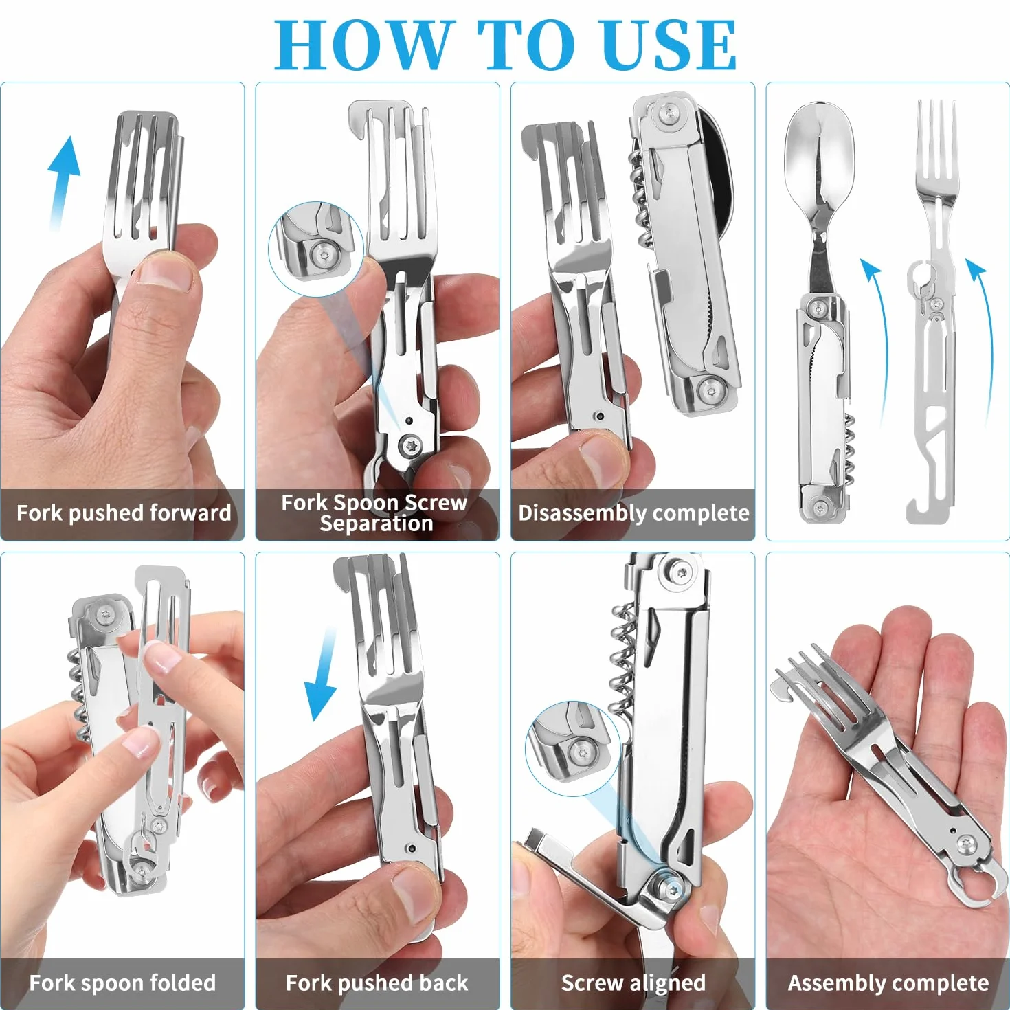 Outdoor Camping Utensil Zastawa stołowa, Sztućce ze stali nierdzewnej 5 w 1 składan,100% bezpieczne dla żywności,przenośny zestaw sztućców ze stali nierdzewnej do podróży, z etui ze sznurkiem