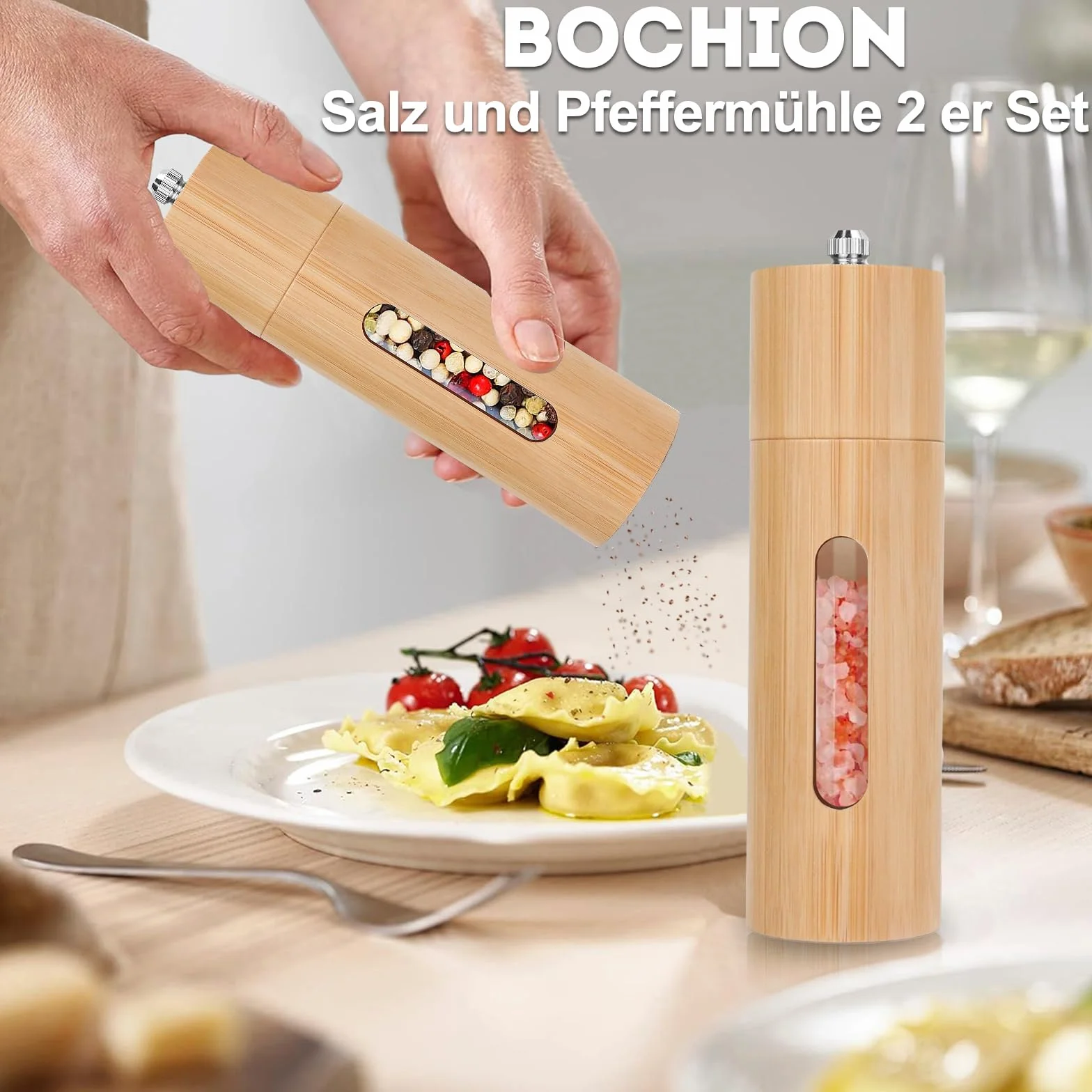 BOCHION Młynek do soli i pieprzu, zestaw 2 szt., młynek do przypraw z przezroczystym okienkiem i podstawką, młynek do soli i pieprzu, drewniany, duży z ręcznie regulowanym rdzeniem ceramicznym, do