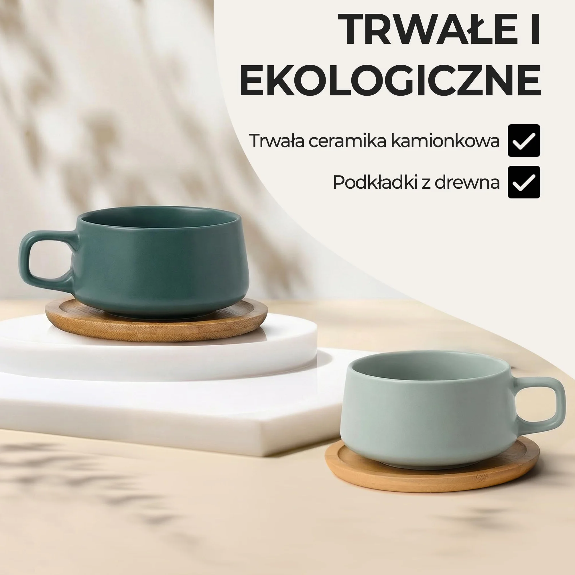 Filiżanki Ceramiczne 320 ml Zestaw 4 - Kubki do Kawy Herbaty Cappuccino z Spodkami Bambusowymi