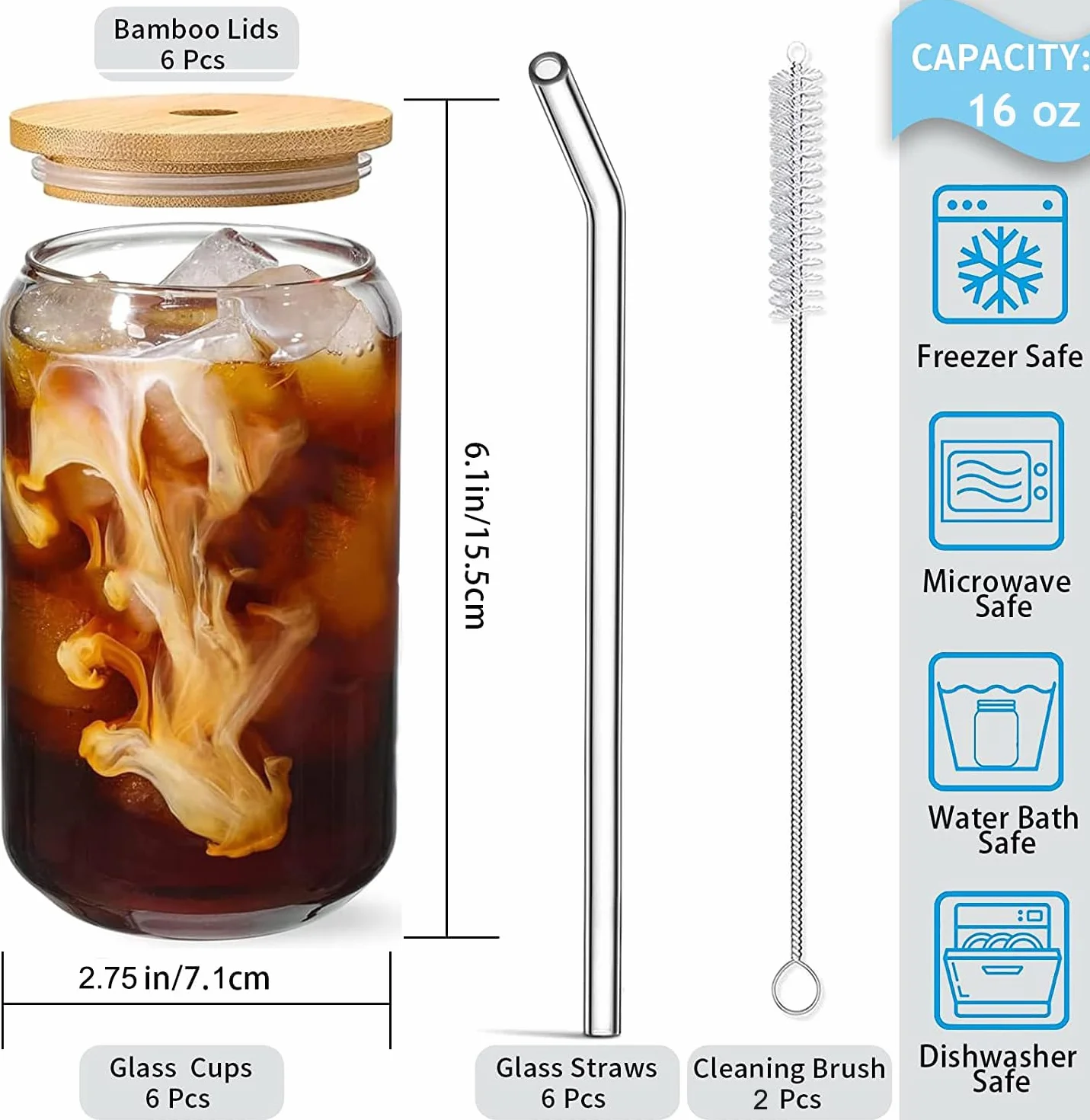 Szklanki do napojów z pokrywką i słomką, szklanki do kawy mrożonej 500 ml, estetyczne szklanki ze słomką, szklane kubki do smoothie, latte, macchiato, whisky (6 szt.)