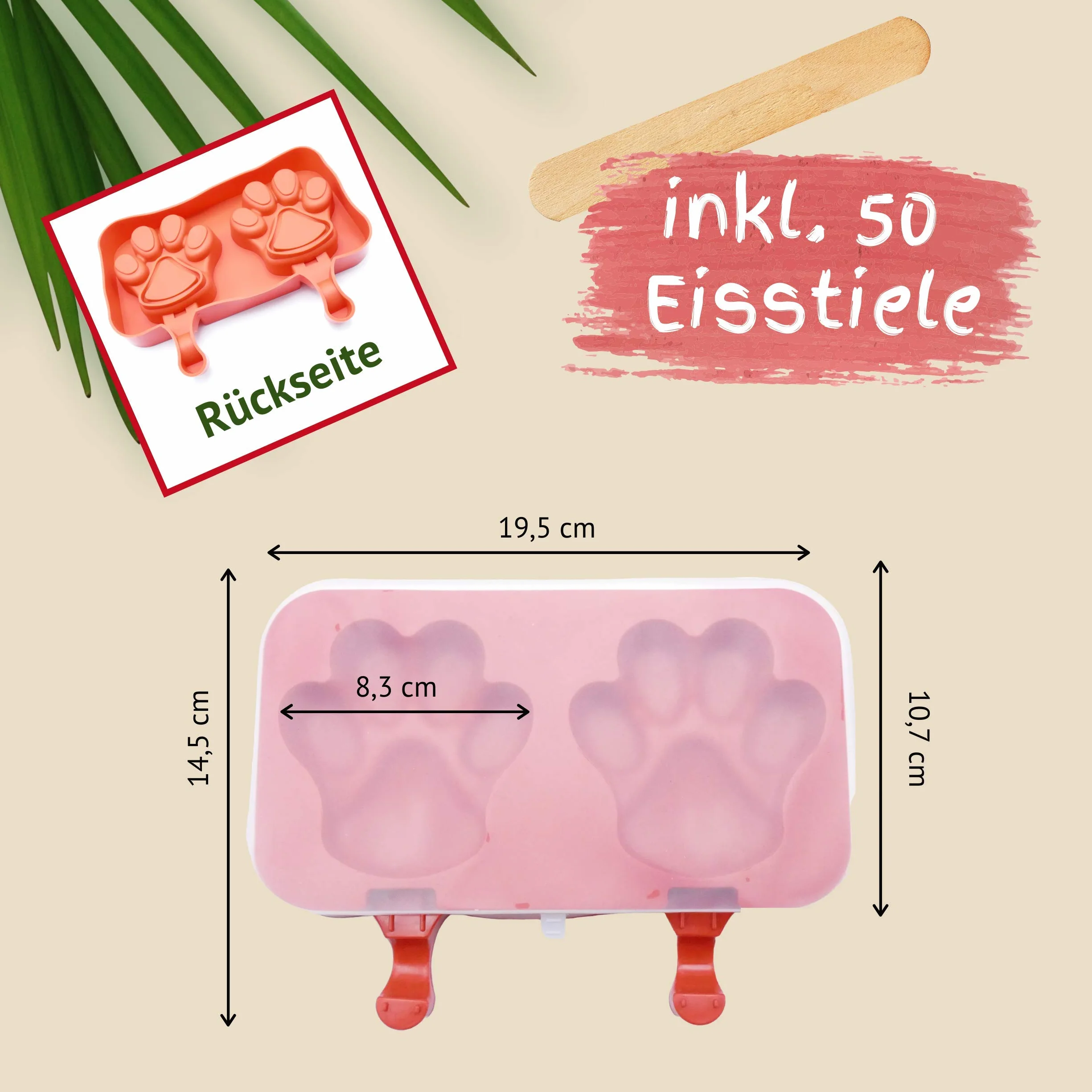 Foremka do lodu dla psa z silikonu, nie zawiera BPA, z 50 drewnianymi łodygami gratis, 2 formy do łap, łatwe zastosowanie (2 łapy, czerwona)