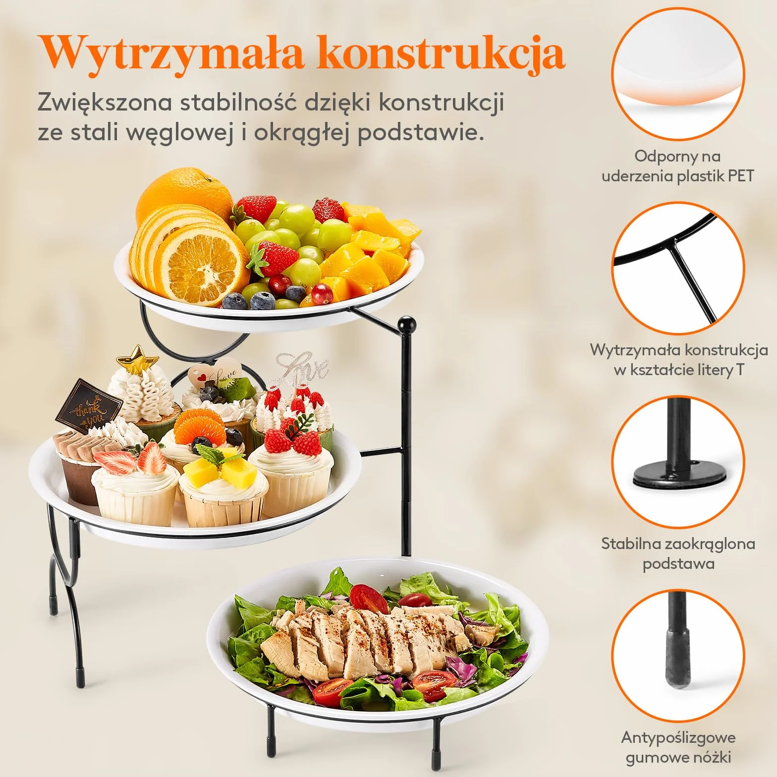 Lifewit 3-Poziomowa Taca Okrągła Wielokrotnego Użytku ze Stojakiem na Przekąski Czarna