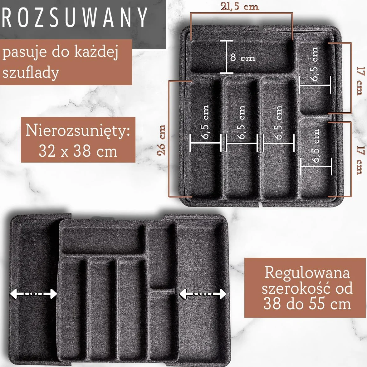 Organizer filcowy na sztućce regulowany 38x32-55 cm do szuflady kuchennej