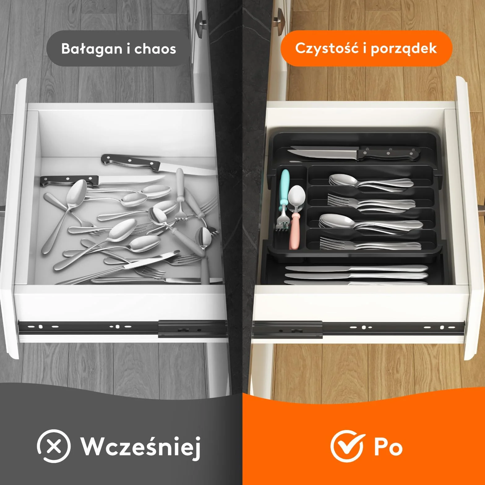 Lifewit Organizer do Szuflady Kuchennej na Sztućce, Rozszerzalna Wkład do Szuflad, Plastikowe Taca na Sztućce na Łyżki/Widelce/Noże, Głębokość 30,9 cm, Szerokość 22,6–37,3 cm, Czarny