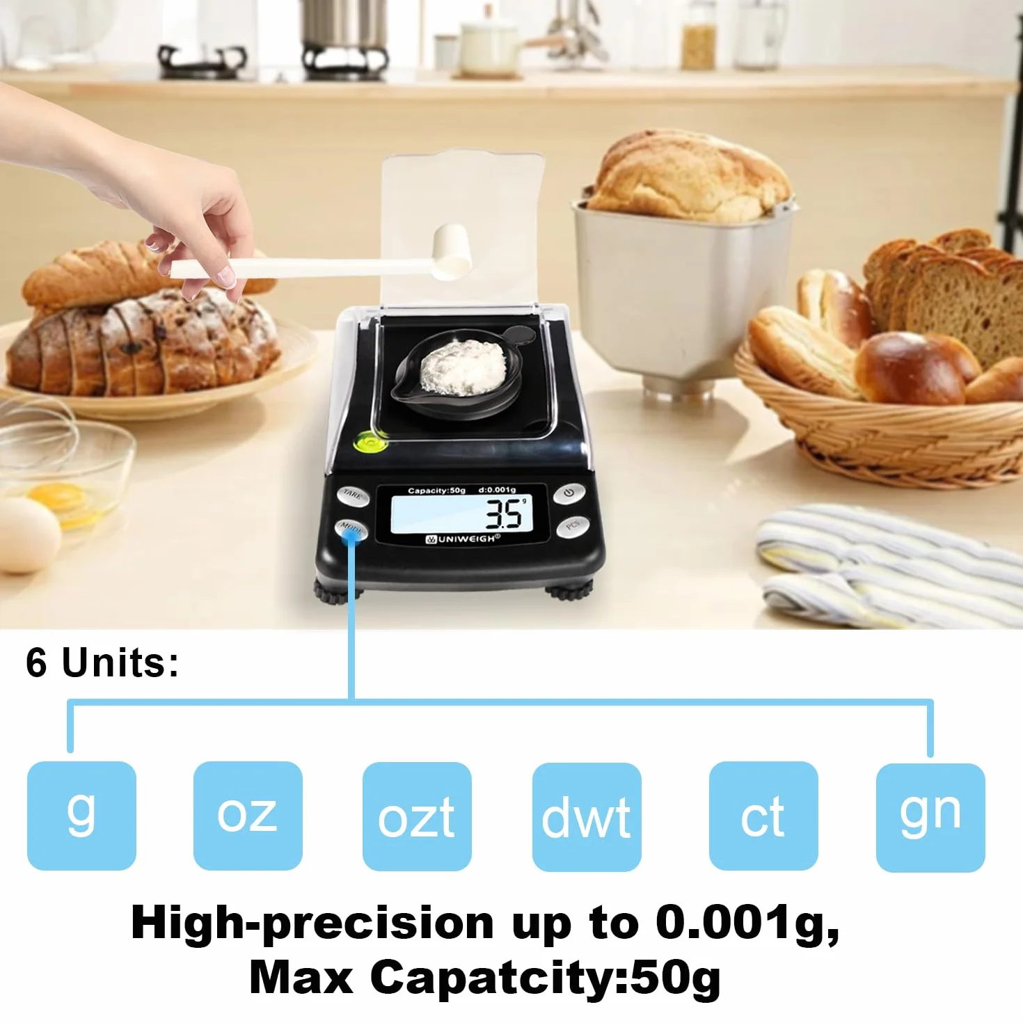 UNIWEIGH Cyfrowa waga miligramowa z dokładnością do 0,001 g/50 g, precyzyjna waga do biżuterii, proszków, złota, mikrogramów z 6 jednostkami, funkcją tarowania, USB i baterią.