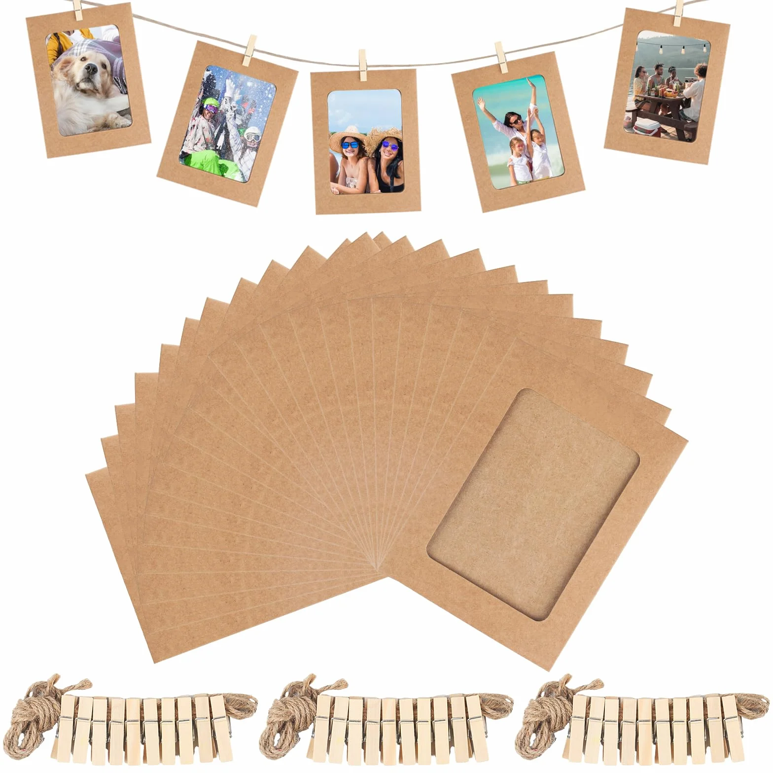 Papierowe ramki na zdjęcia kraft 15,2x11,5 cm zestaw 30 szt. z drewnianymi klamerkami i liną