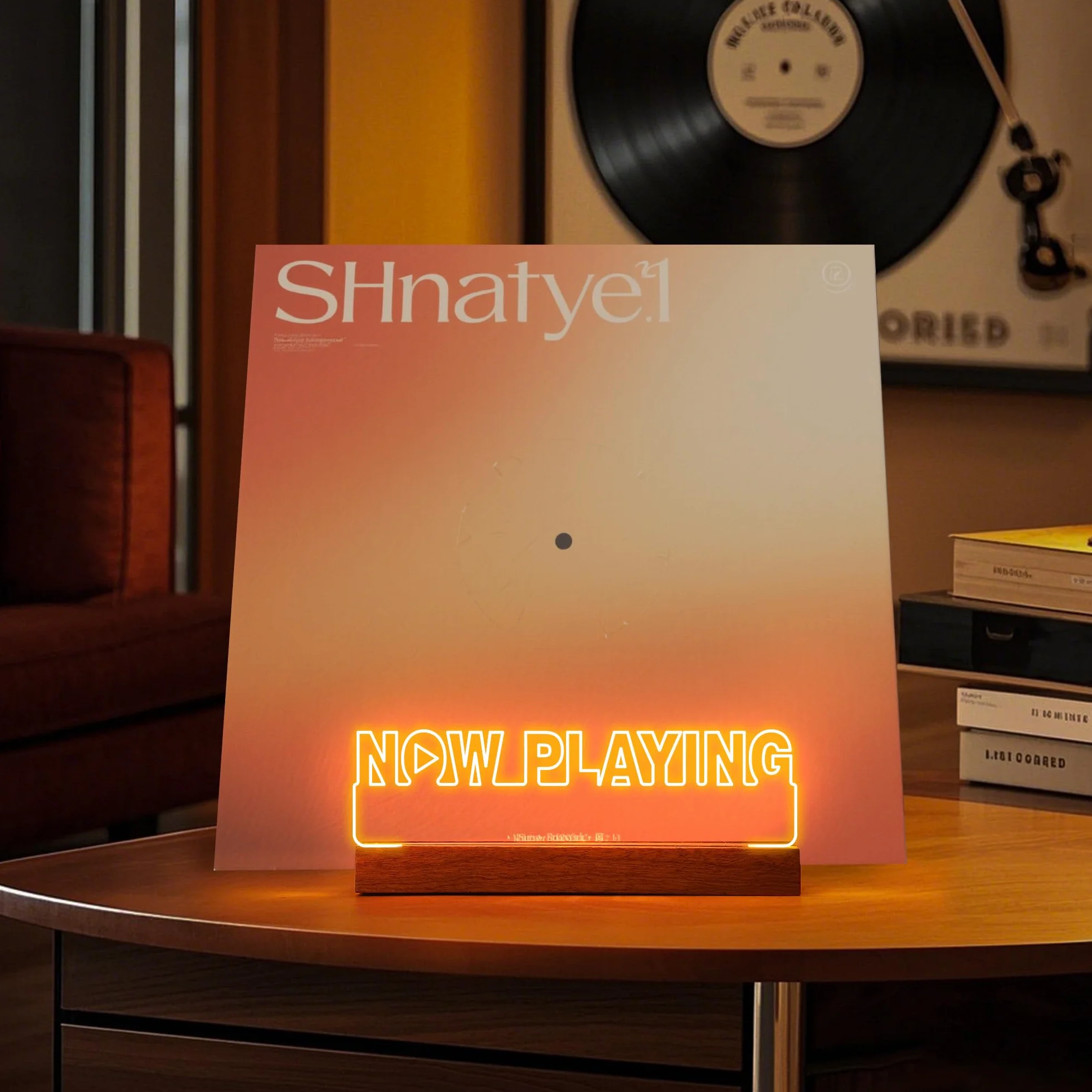 OkiyiD Stojak na płyty winylowe Now Playing, podświetlany stojak na płyty, wyświetlacz stojaku dekoracyjnego, drewniana podstawa LED z miękkimi ciepłymi białymi światłami, winylowe pudełko na płyty do